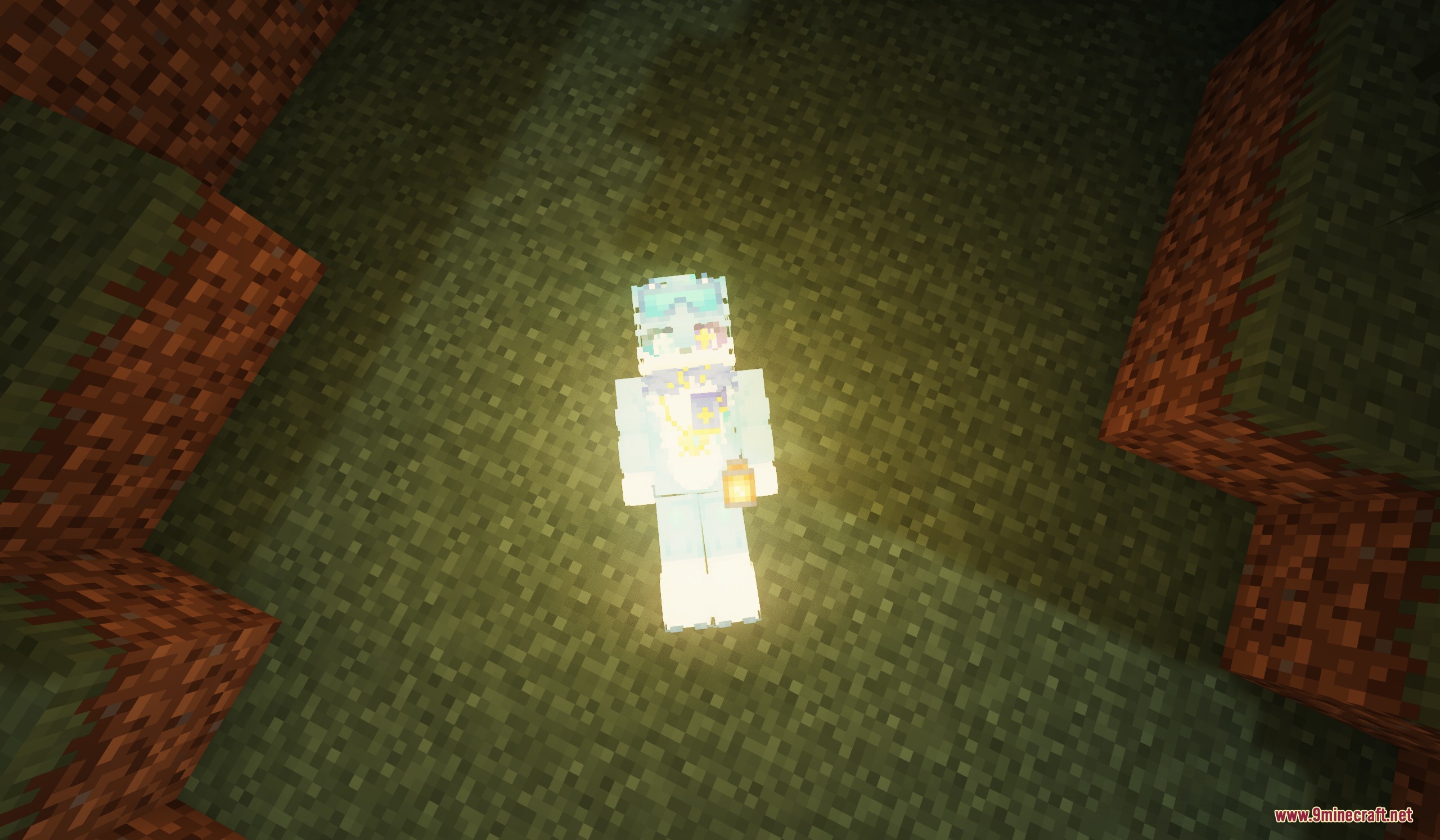 A player corpse lying on the ground holding a glowing lantern