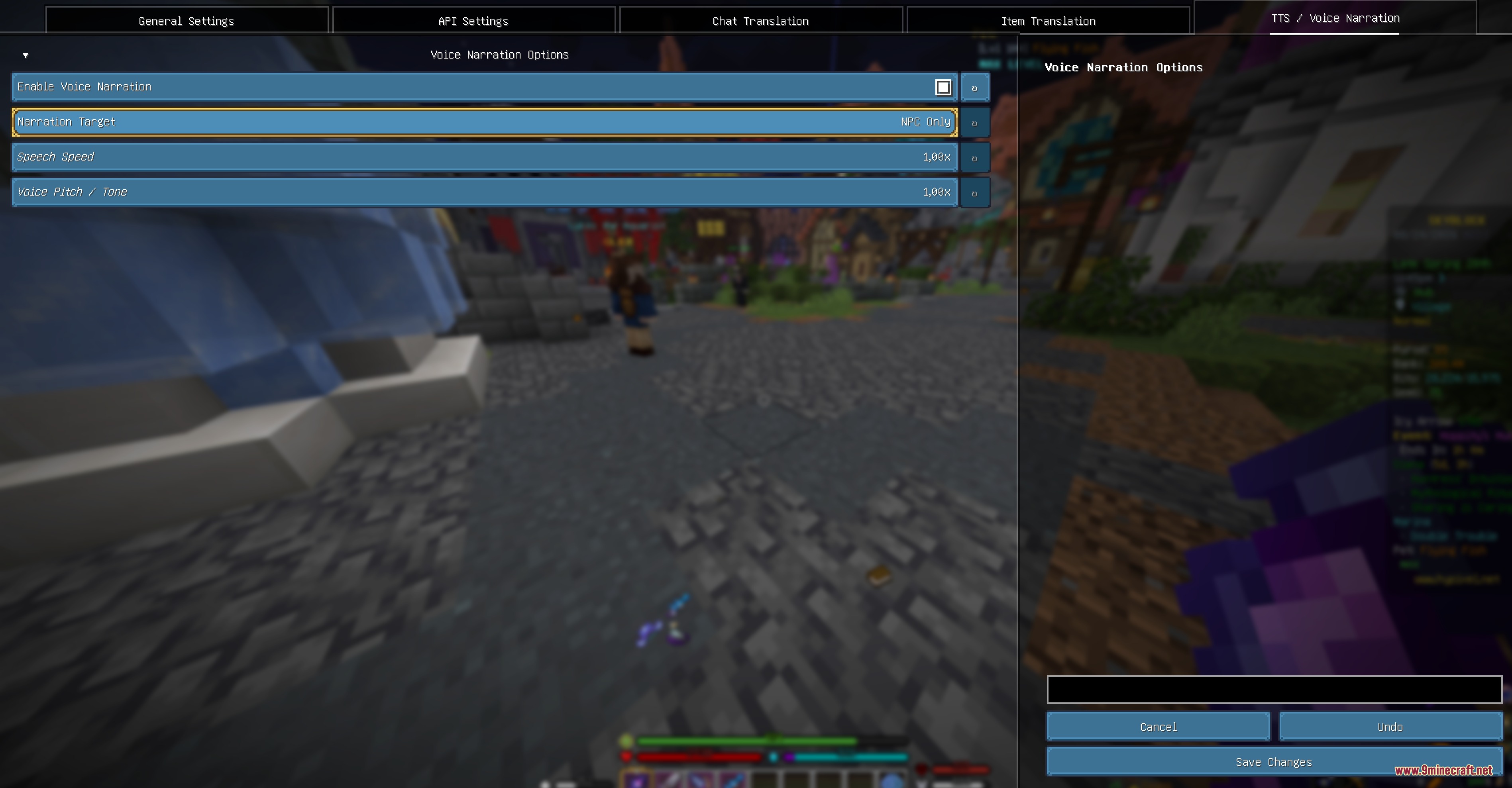 Voice narration options for adjusting speech speed and pitch in the mod menu