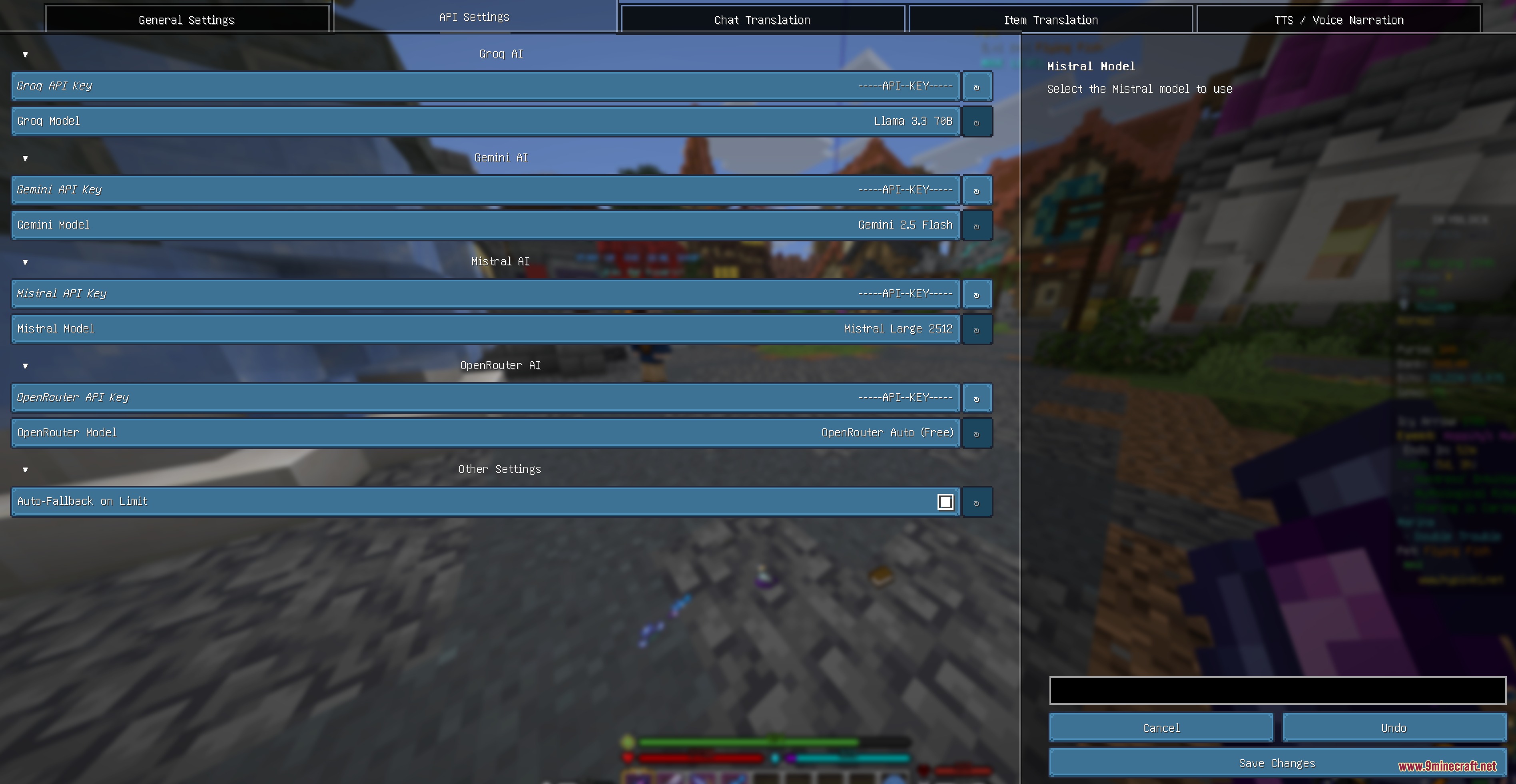 Configuring API keys for various AI models in the Minecraft settings menu