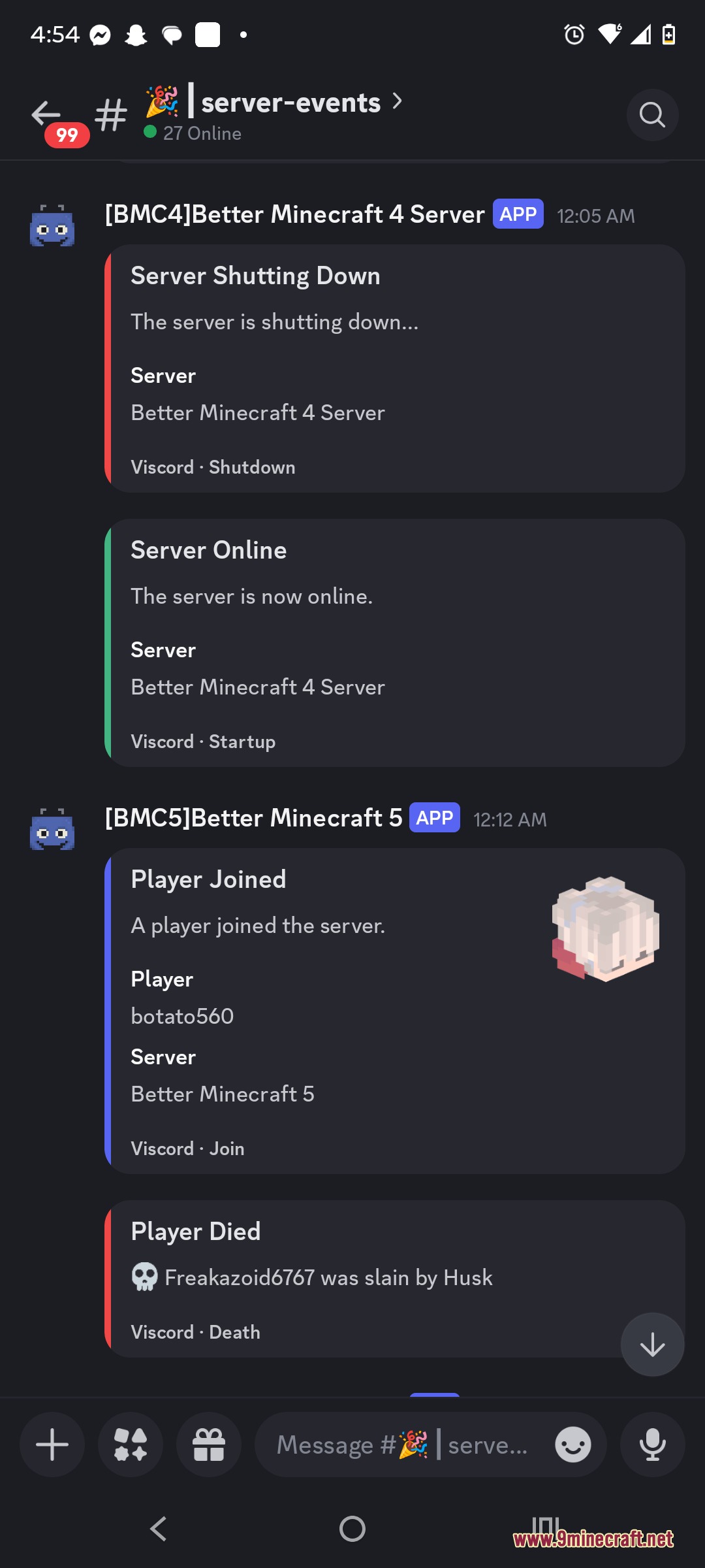 Linkstream Hub Mod Screenshot 1 Discord channel displaying server status updates and player death notifications for Minecraft