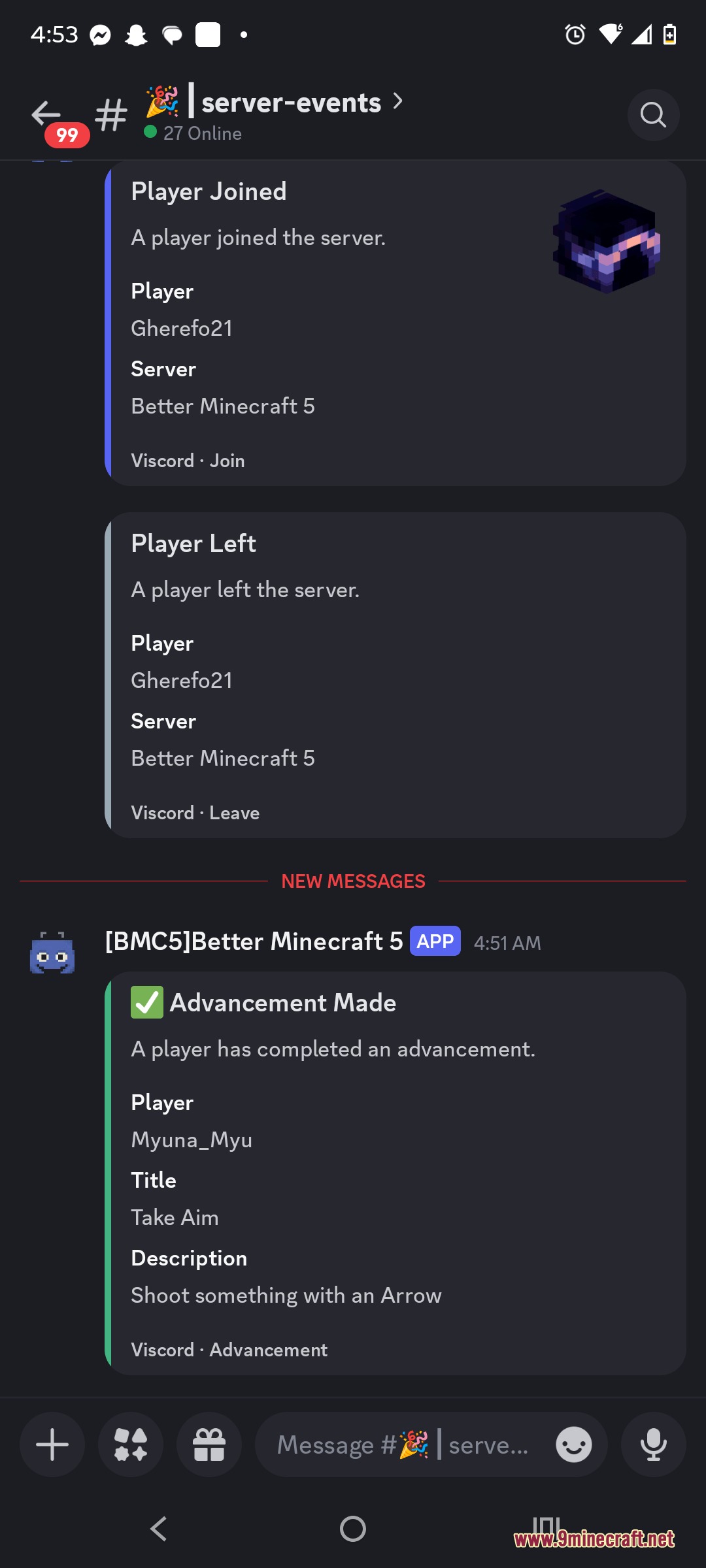 Linkstream Hub Mod Screenshot 4 Discord channel showing player join and leave logs and combat advancements