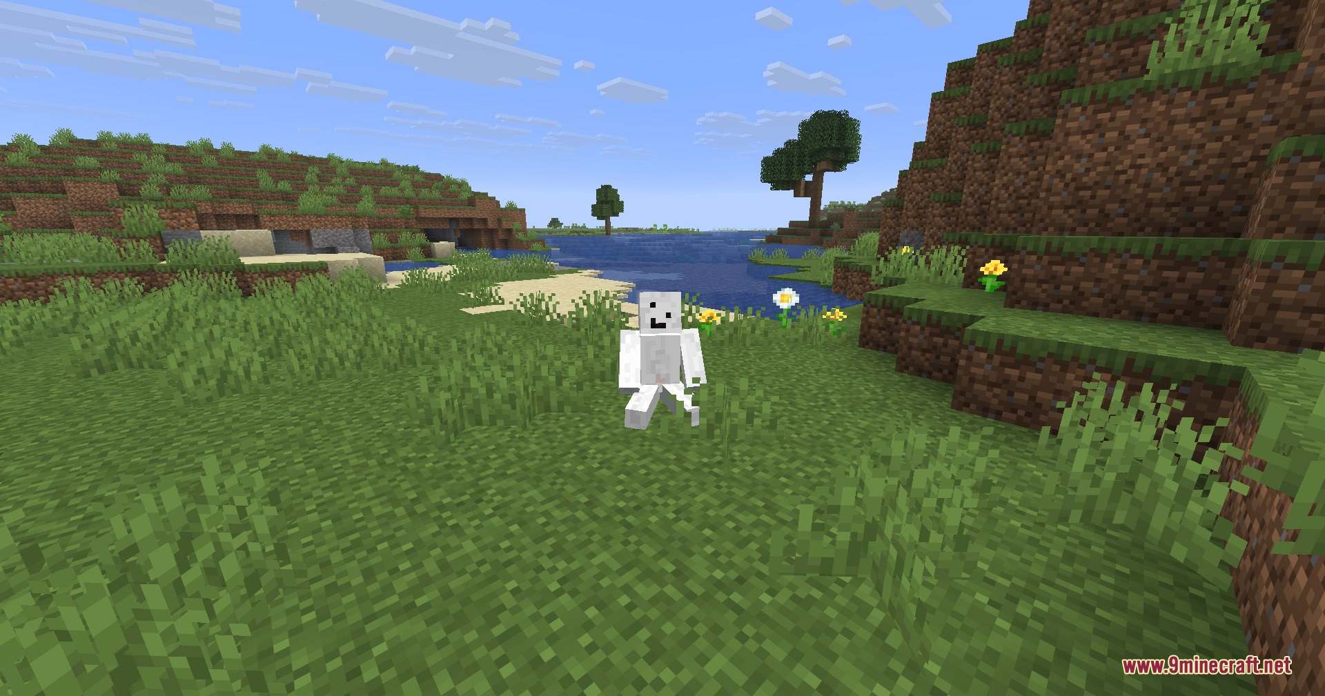 Lithe Motion Framework Mod Screenshot 2 A white Minecraft character sitting in a grassy field near a river