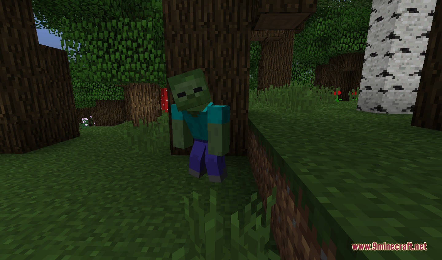 A zombie with natural limb bending stands near a tree in the forest