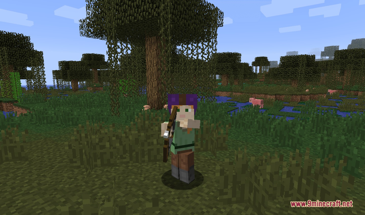 A character aiming a bow with realistic limb bending in a swampy biome