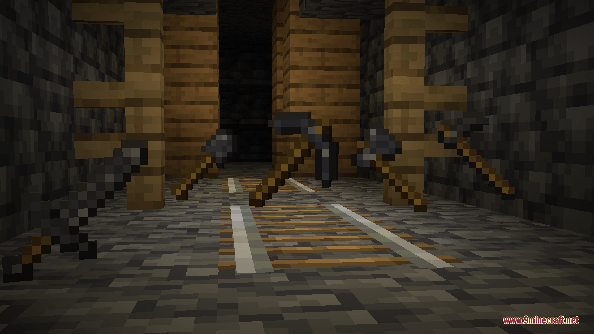 Lithic Edge Customry Mod Screenshot 1 Various stone tools from Lithic Edge Customry Mod displayed in a dark mine