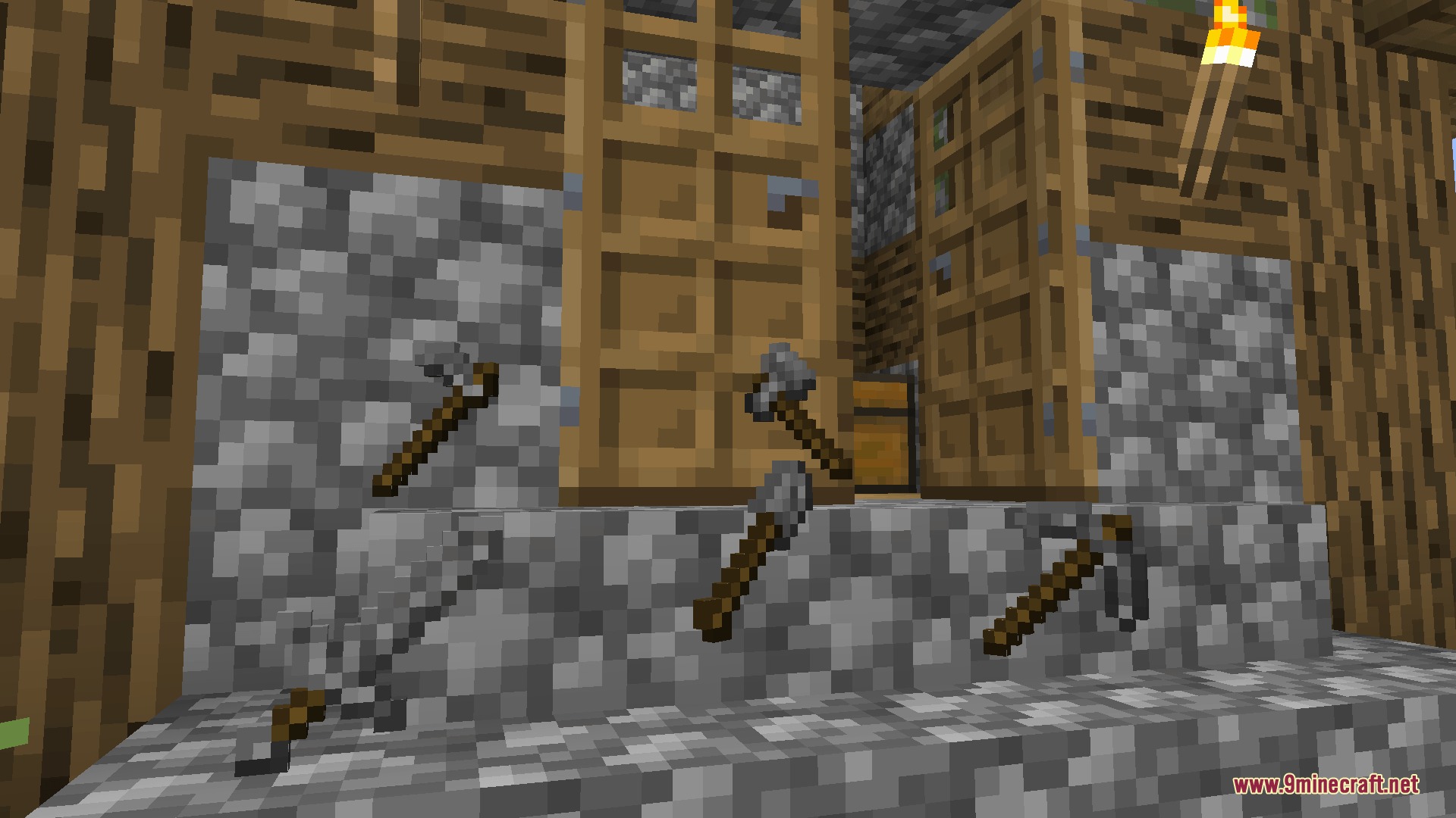 Lithic Edge Customry Mod Screenshot 3 Stone tools floating in front of a cobblestone and wood structure