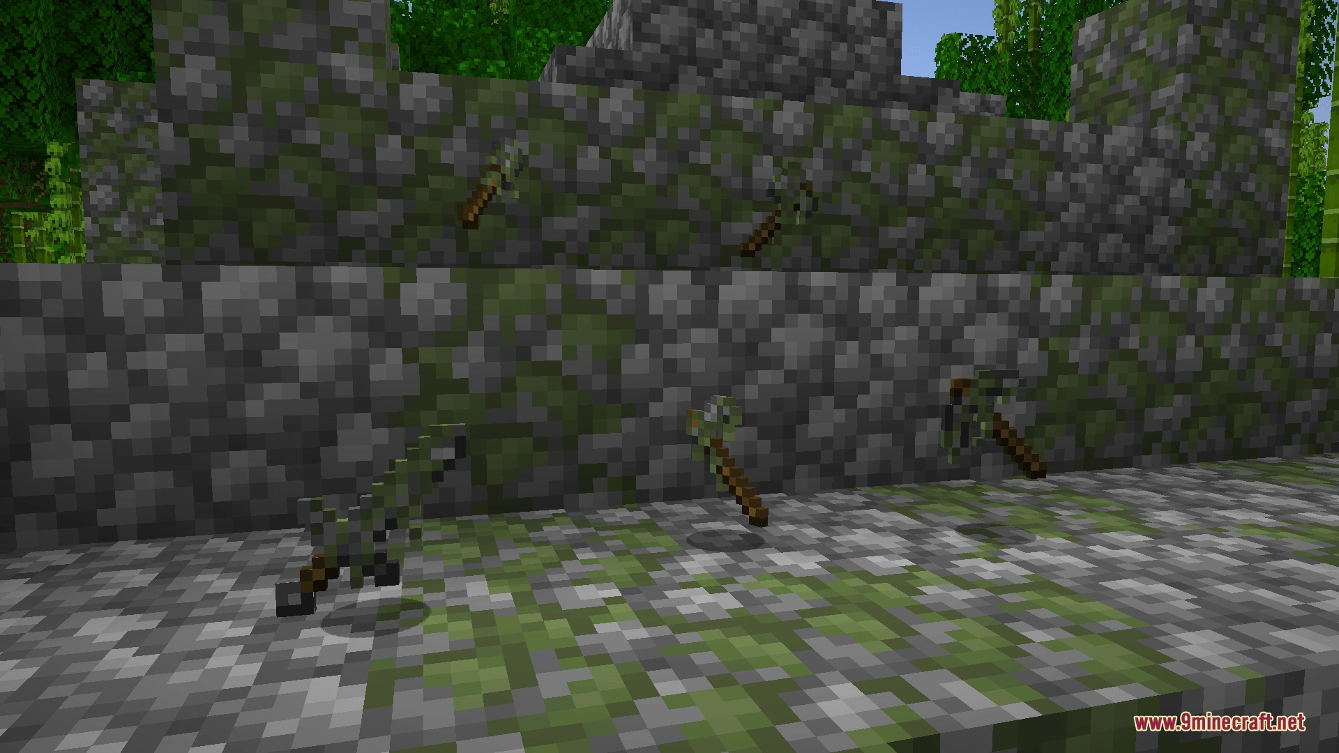 Lithic Edge Customry Mod Screenshot 4 Mossy stone tools displayed against a wall of mossy cobblestone blocks