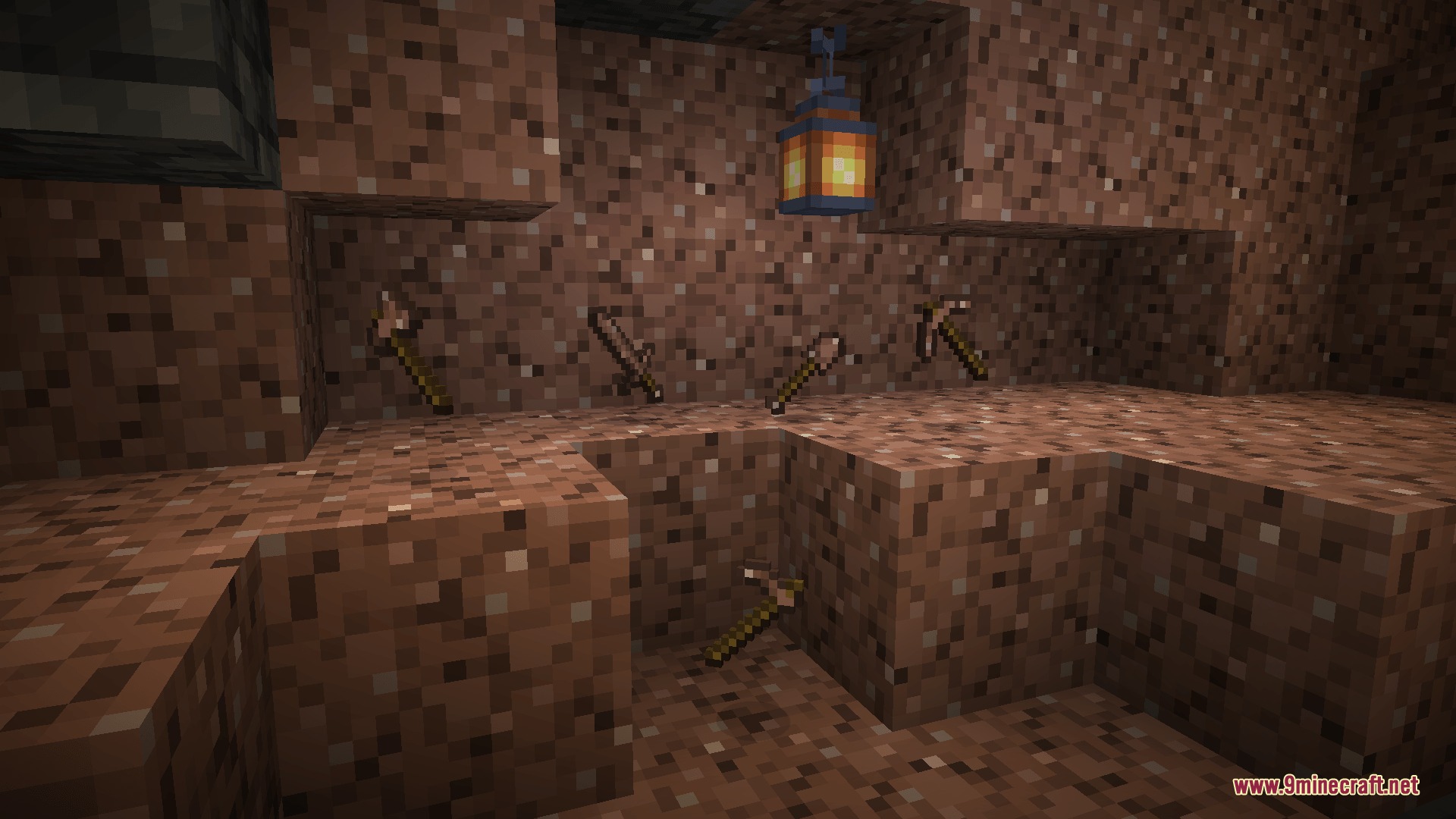 Lithic Edge Customry Mod Screenshot 6 Granite tools displayed on a wall of granite blocks under a hanging lantern