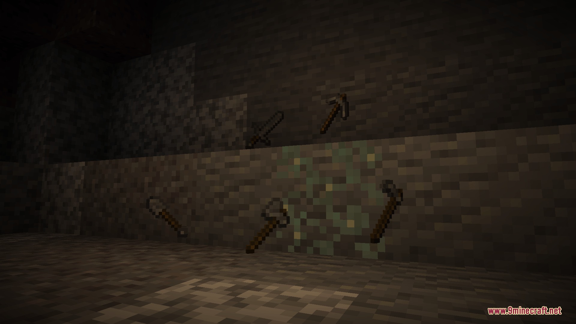 Lithic Edge Customry Mod Screenshot 7 Various stone tools are embedded into the side of a dark cave wall