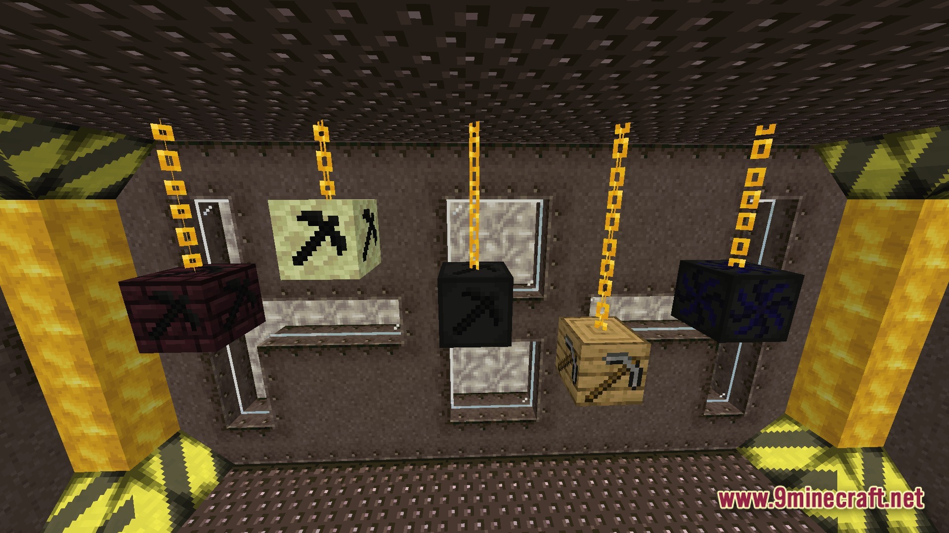 Lithic Progression Modpack Screenshot 10 Five textured blocks with pickaxe icons hanging from gold chains inside a metallic industrial structure