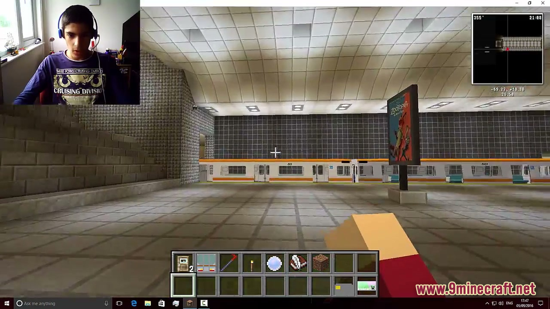 Lithic Progression Modpack Screenshot 3 A first-person view of a modern subway station with a train and a movie advertisement poster