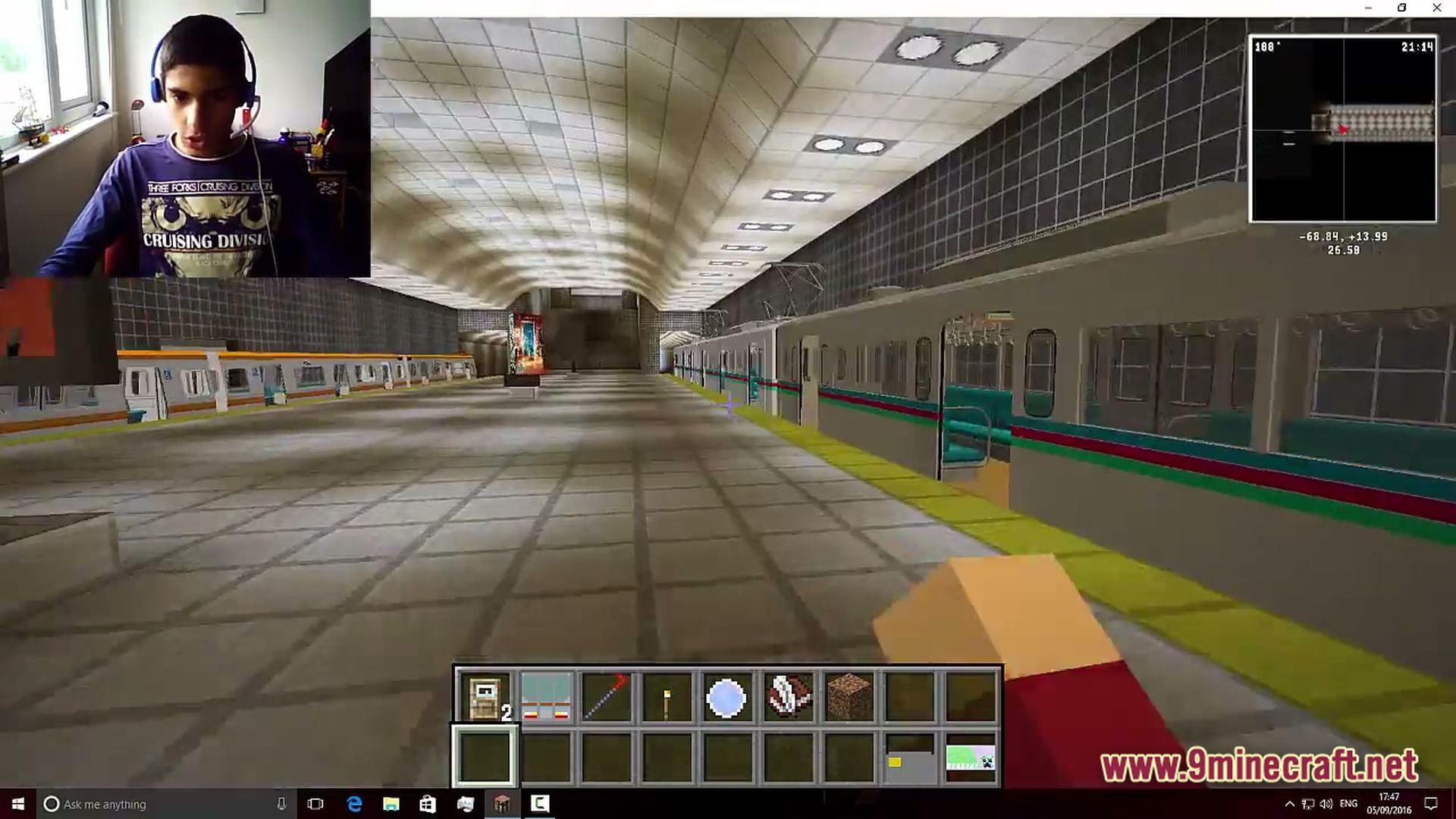 Lithic Progression Modpack Screenshot 5 A player explores a detailed underground subway station featuring realistic trains and vaulted ceilings