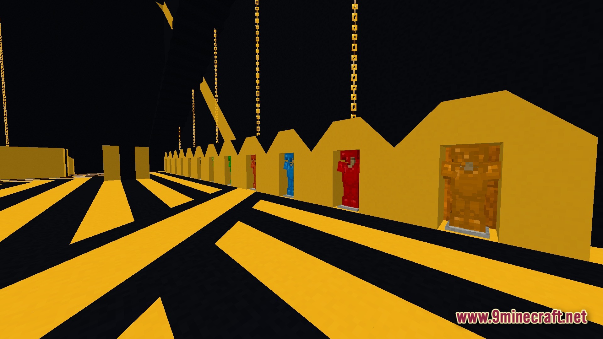 Lithic Progression Modpack Screenshot 7 Various colored armor sets displayed on stands within a yellow and black geometric structure
