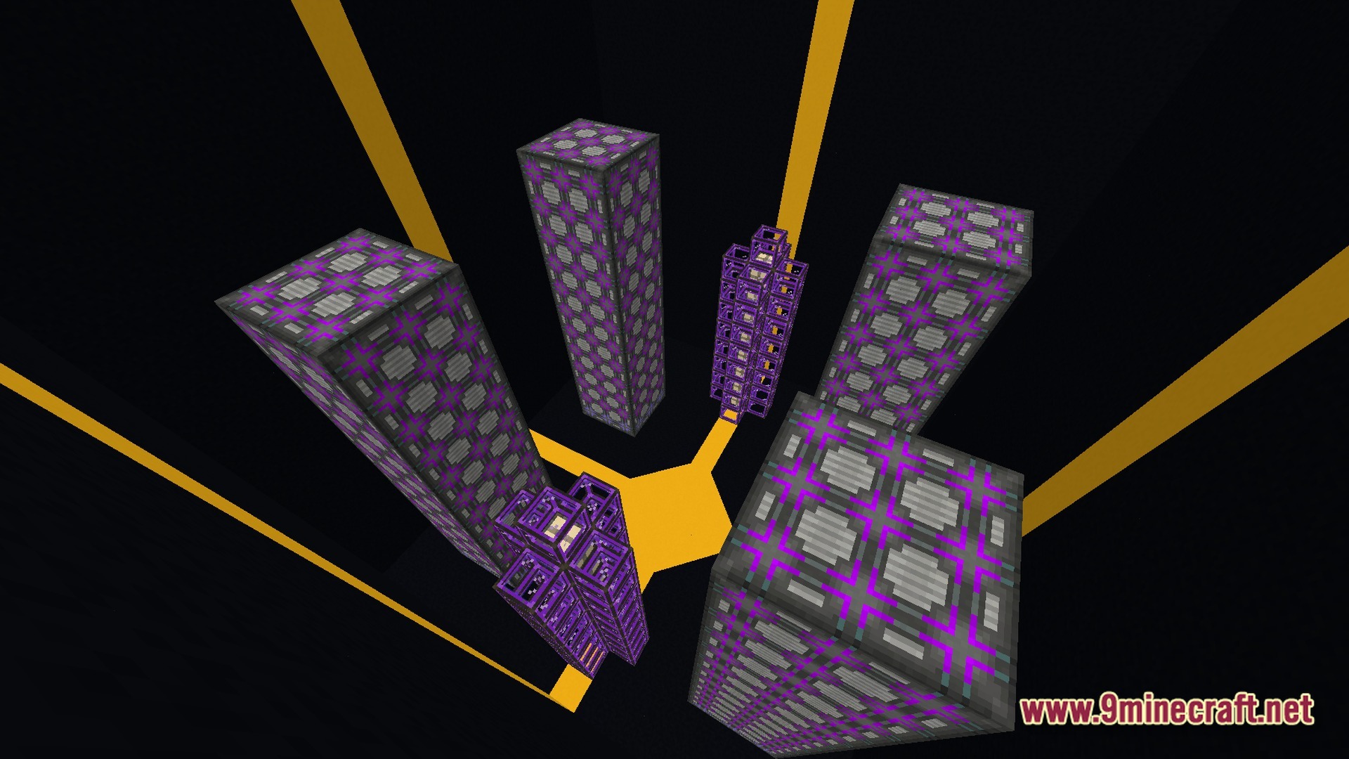 Lithic Progression Modpack Screenshot 8 Multiple Applied Energistics 2 ME Drive towers and cable structures arranged in a dark void