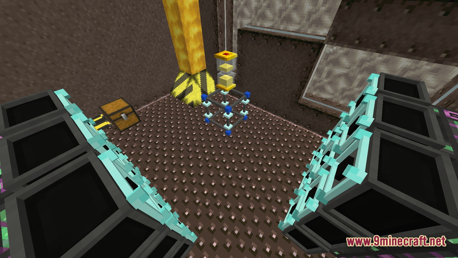 Lithic Progression Modpack Screenshot 9 An industrial interior featuring a mechanical hourglass, pipes, and large black machinery blocks on metal flooring