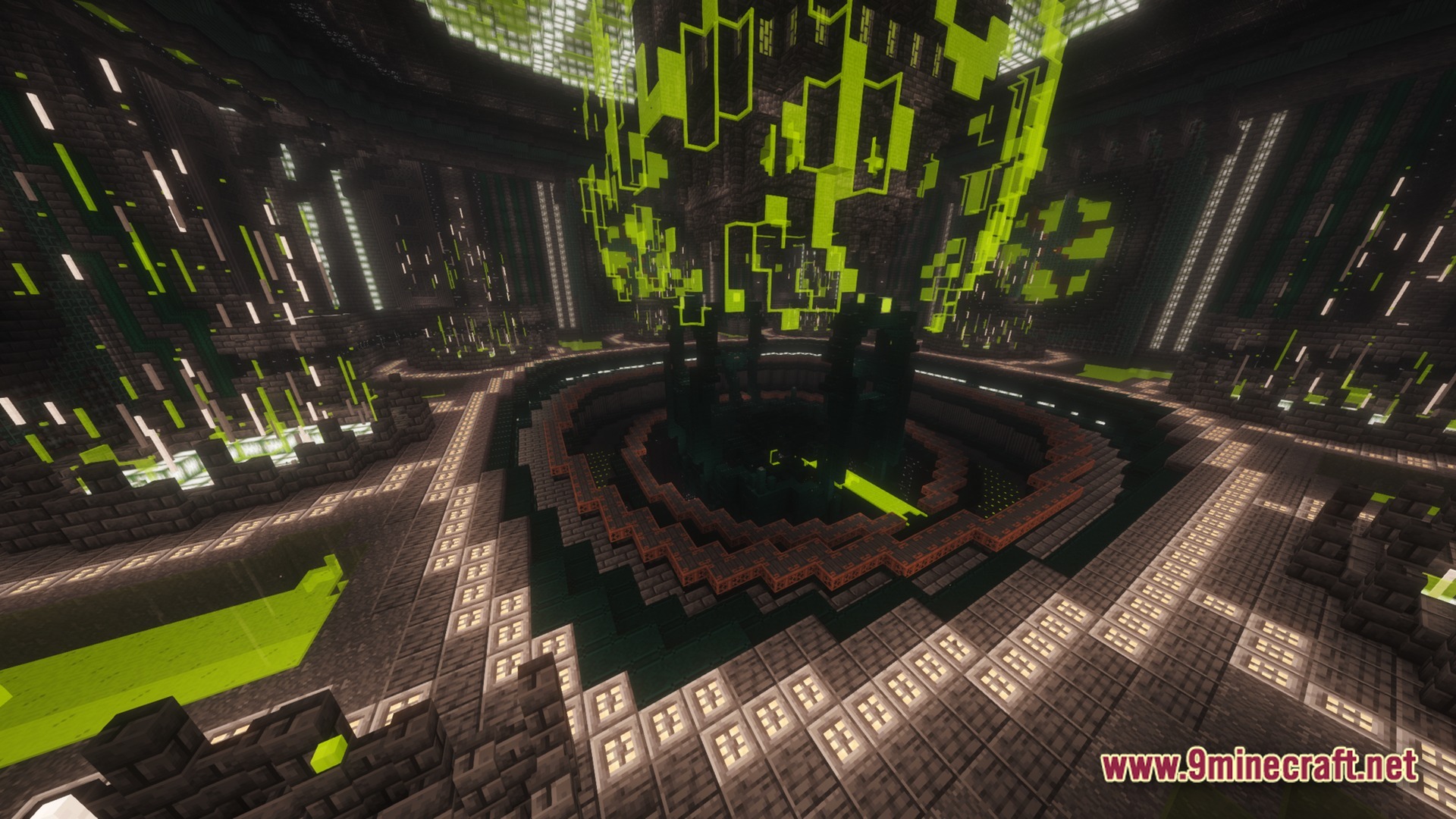 Lithic Vault Trials Modpack Screenshot 10 A large circular chamber featuring a central reactor core with glowing green energy and industrial architecture