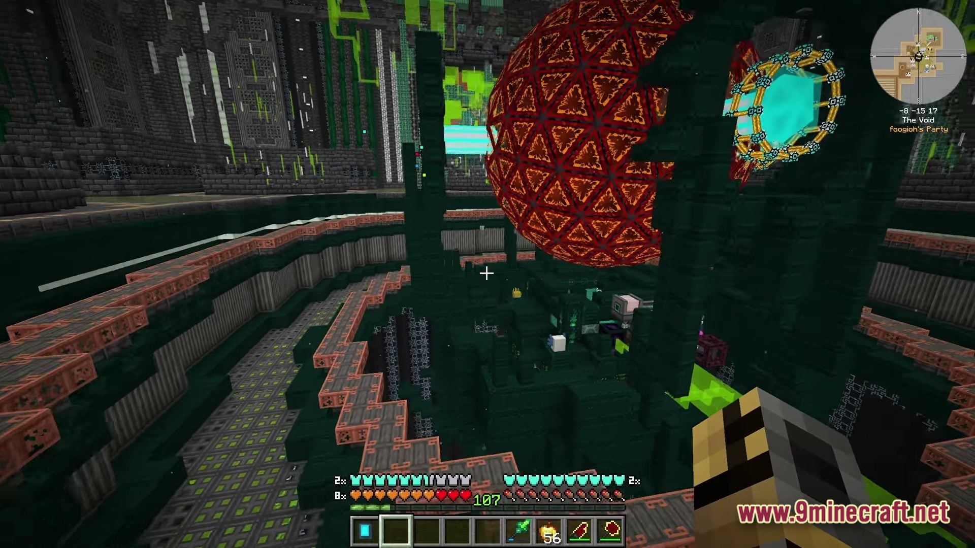 Lithic Vault Trials Modpack Screenshot 5 A large orange geodesic sphere and complex machinery within a dark, industrial void-themed vault chamber