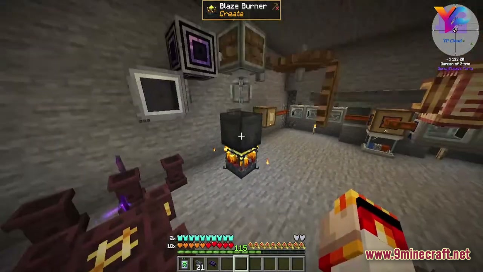 Lithic Vault Trials Modpack Screenshot 6 A player looks at a Blaze Burner and various industrial machines inside a stone base