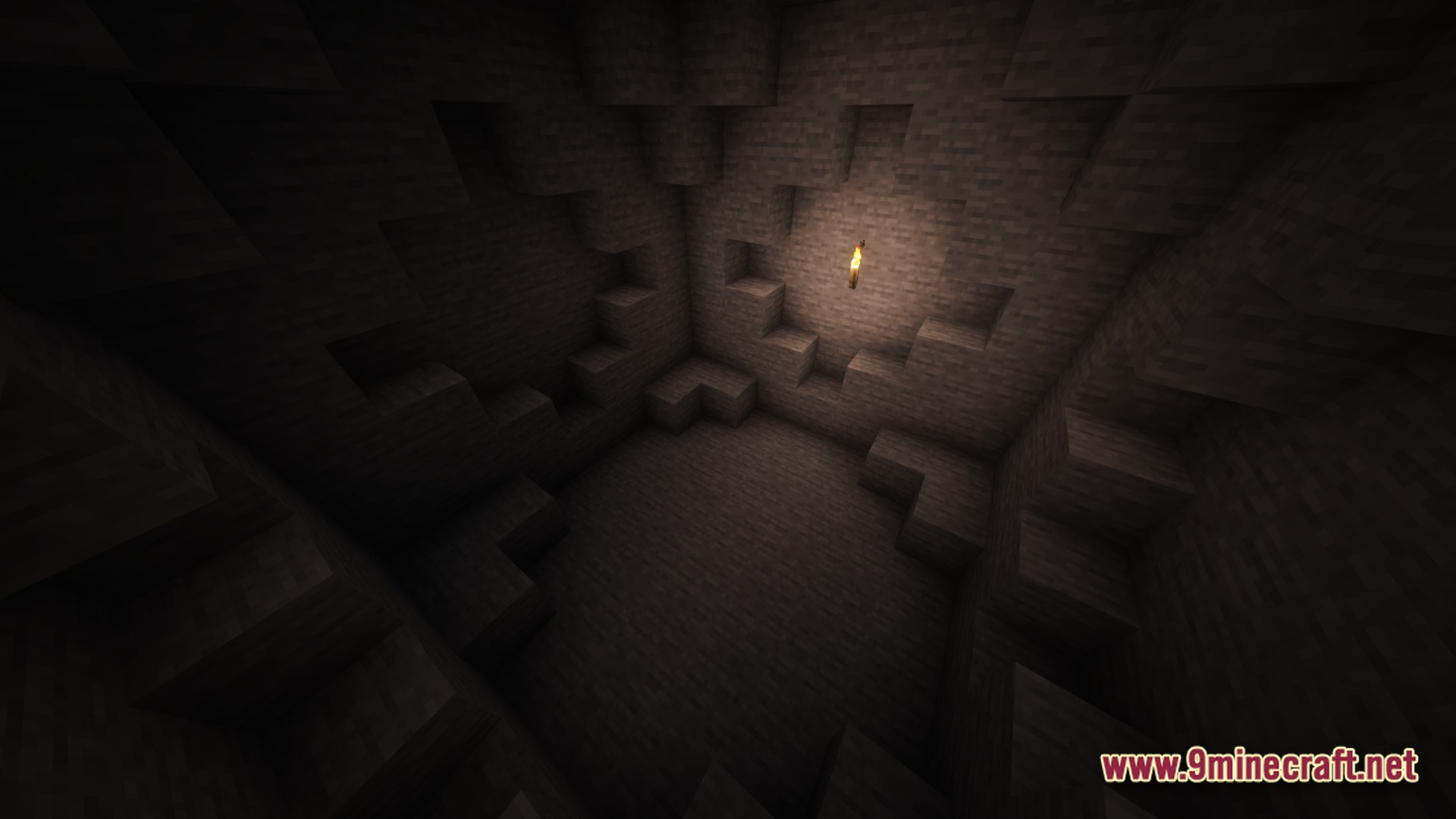 Lithic Vault Trials Modpack Screenshot 7 A single torch illuminates a small, dark stone chamber within an underground cave system