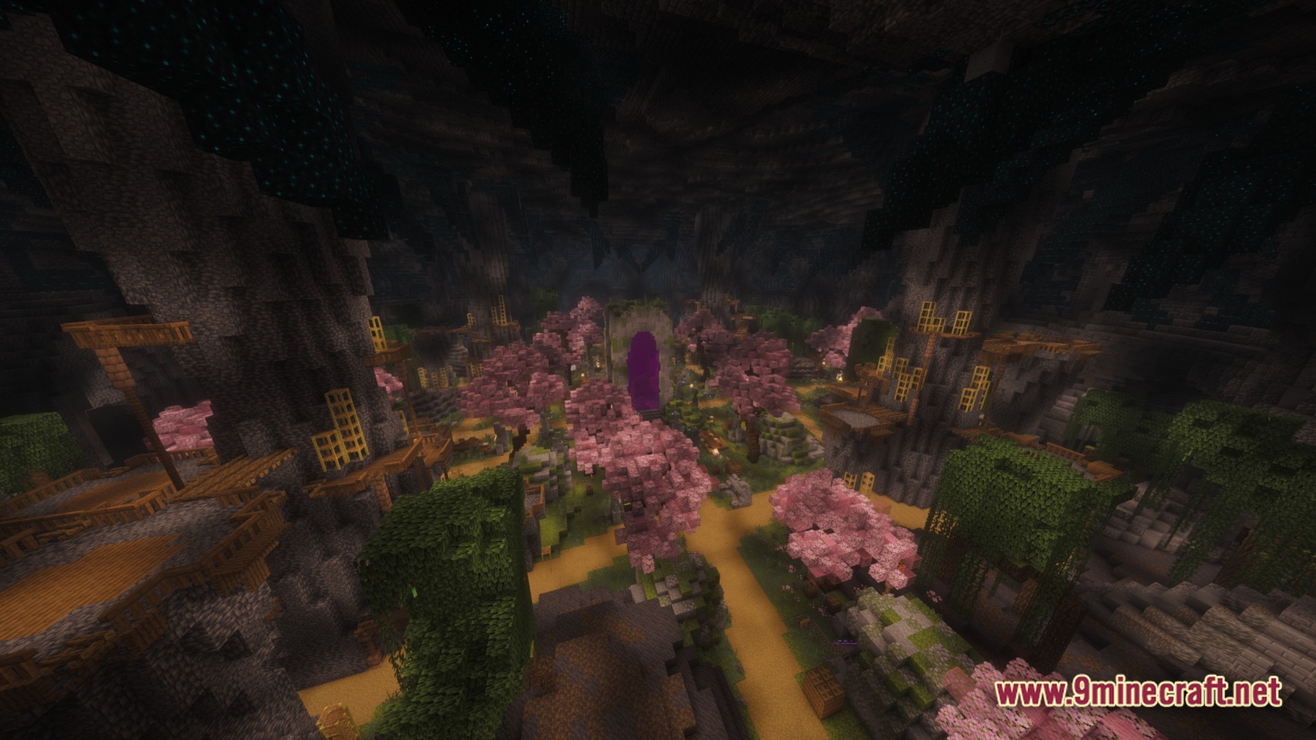 Lithic Vault Trials Modpack Screenshot 8 A subterranean vault room featuring cherry blossom trees, wooden scaffolding, and a central purple portal