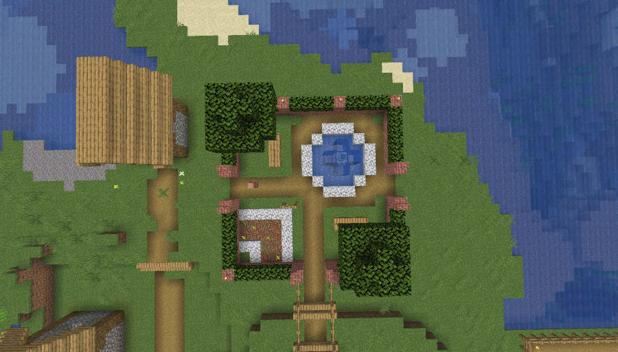 Aerial view of the Little Park Schematic featuring a central water fountain