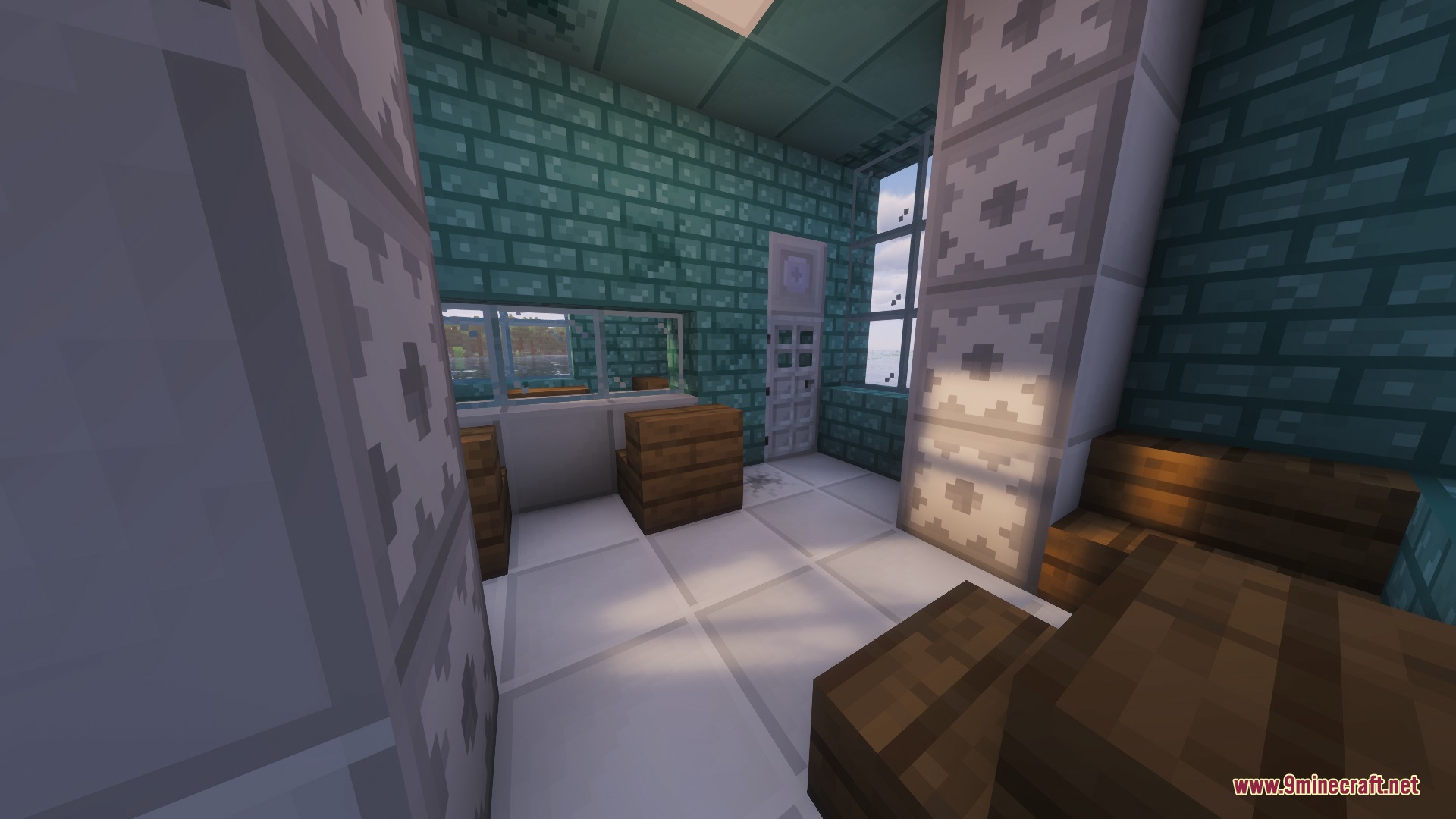 Llama Blocks Mod Screenshot 1 Teal brick room with white tiles and wooden furniture in Minecraft