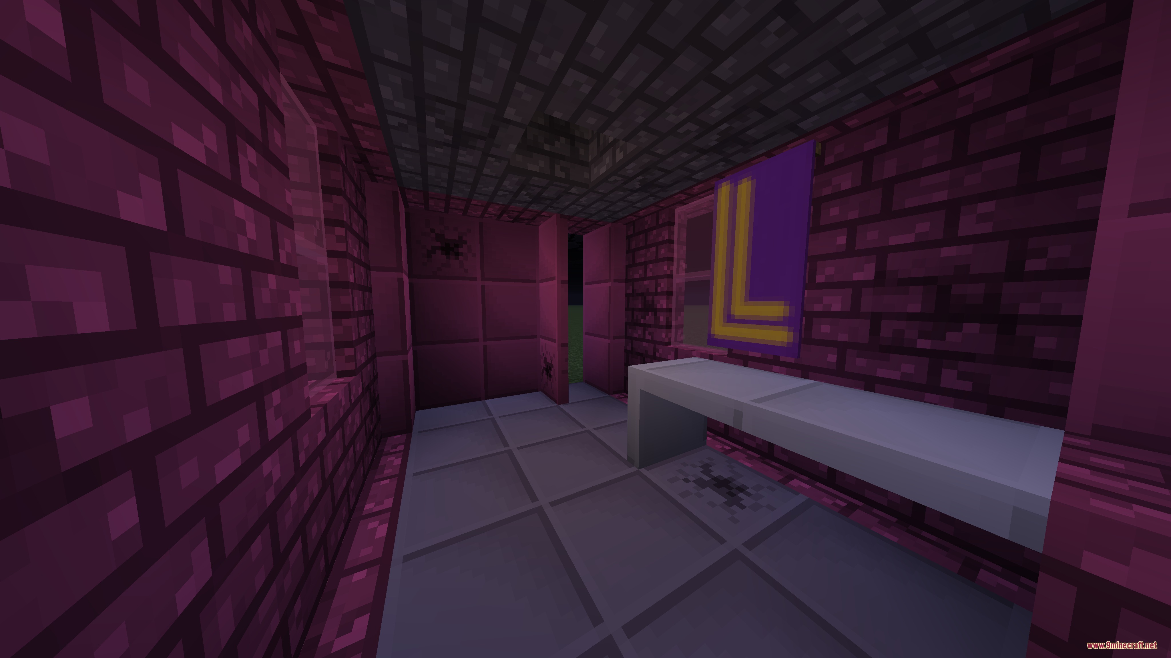 Llama Blocks Mod Screenshot 2 Purple brick room featuring a banner with a yellow letter logo
