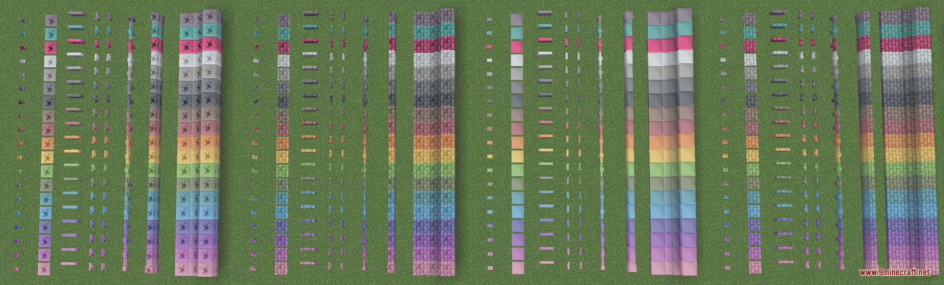 Llama Blocks Mod Screenshot 3 Rows of vibrant building blocks and stairs displayed on a grass field