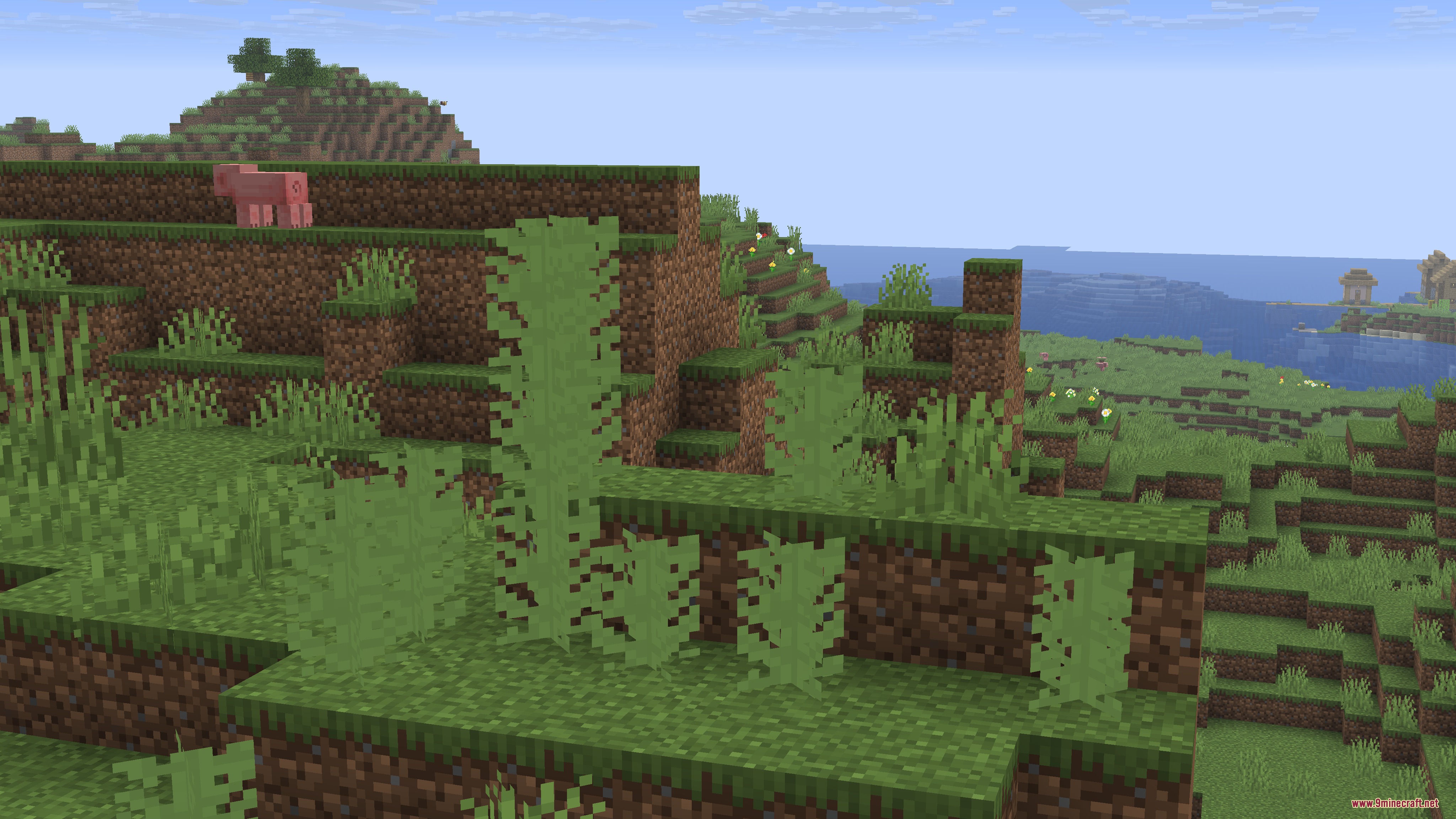 Llama Blocks Mod Screenshot 4 Tall green banana plants growing on a grassy hill next to a sheep