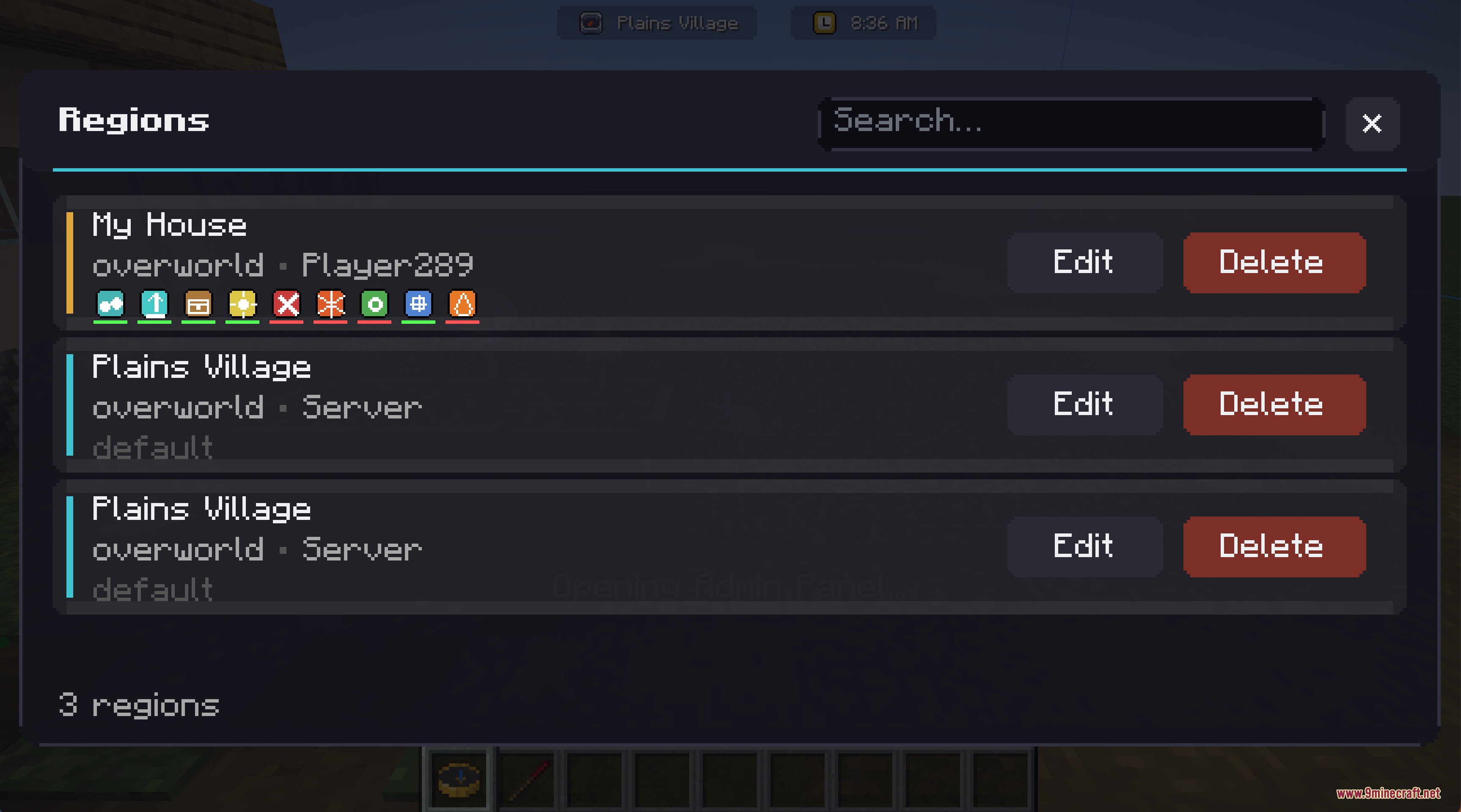 Location Tooltip Mod Screenshot 2 The region management menu listing saved areas with edit and delete options