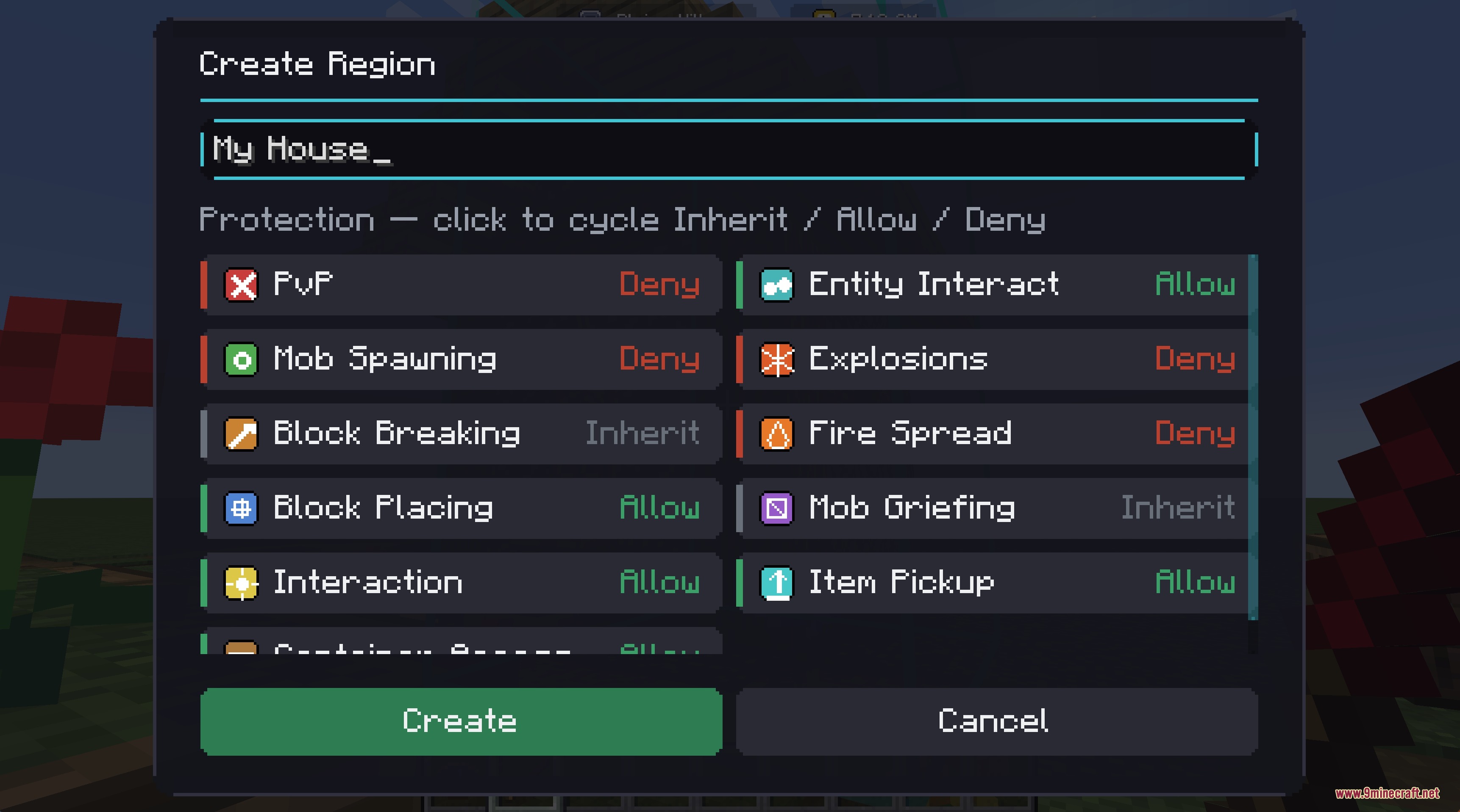 Location Tooltip Mod Screenshot 3 A menu for creating a region with various protection settings in Minecraft