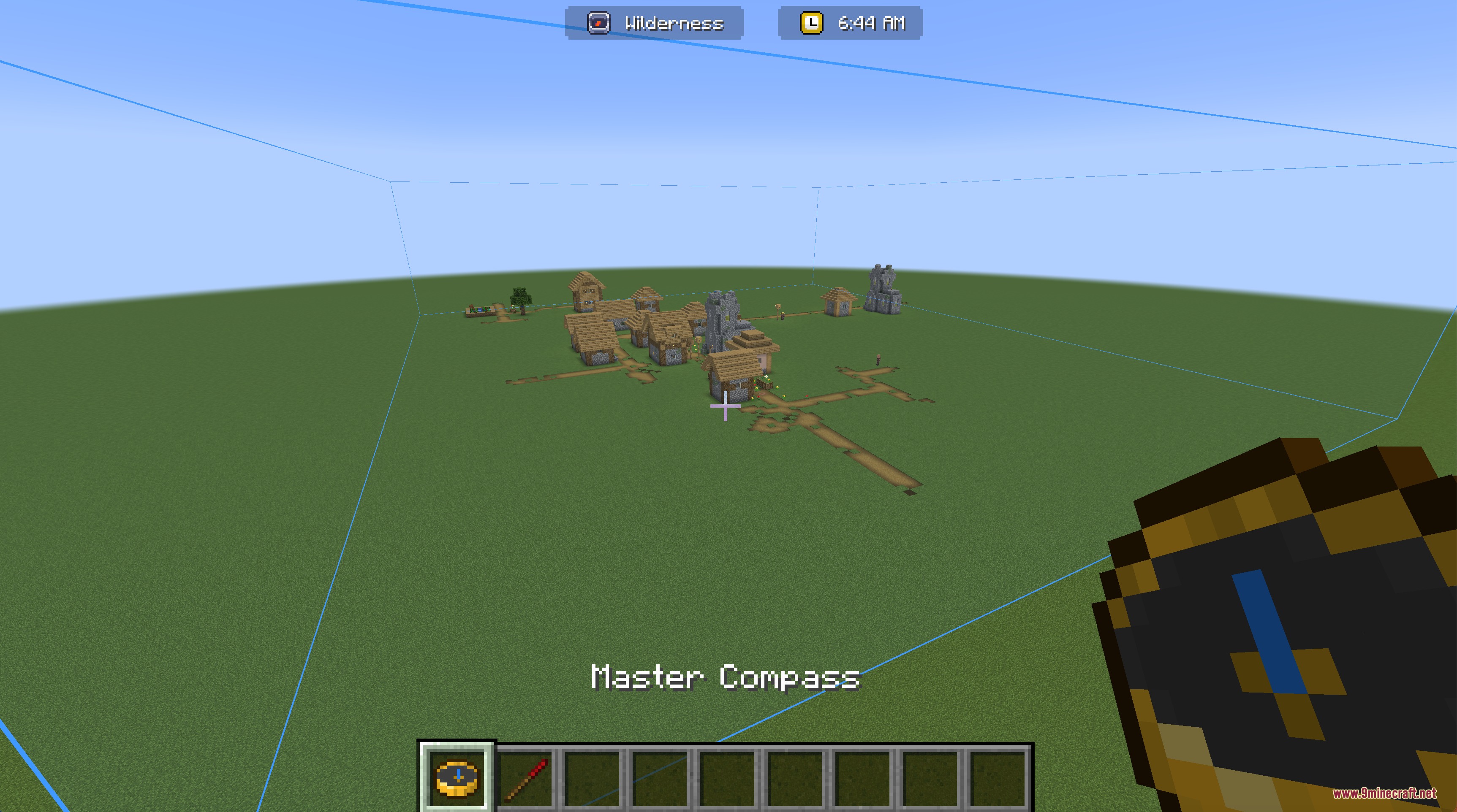Location Tooltip Mod Screenshot 4 A player viewing a blue boundary box around a village in Minecraft