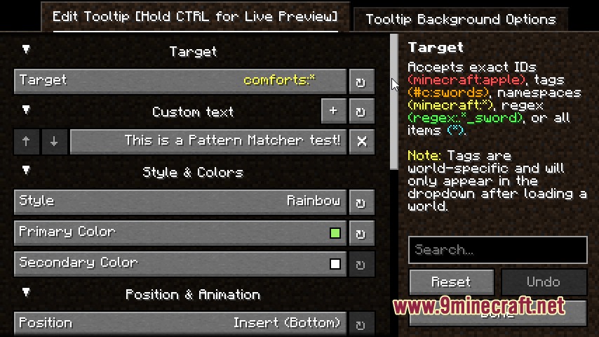 A Minecraft menu for editing item tooltips with custom text and colors
