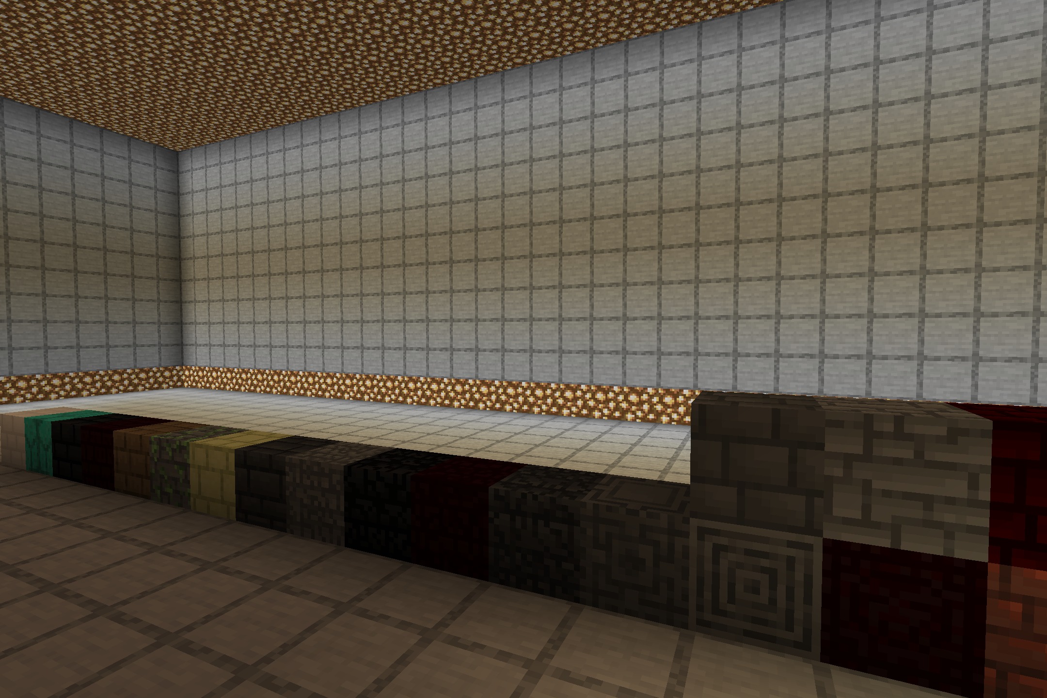 Loomsss's Better Bricks Resource Pack Screenshot 2 A side view of different brick block types displayed in a Minecraft room