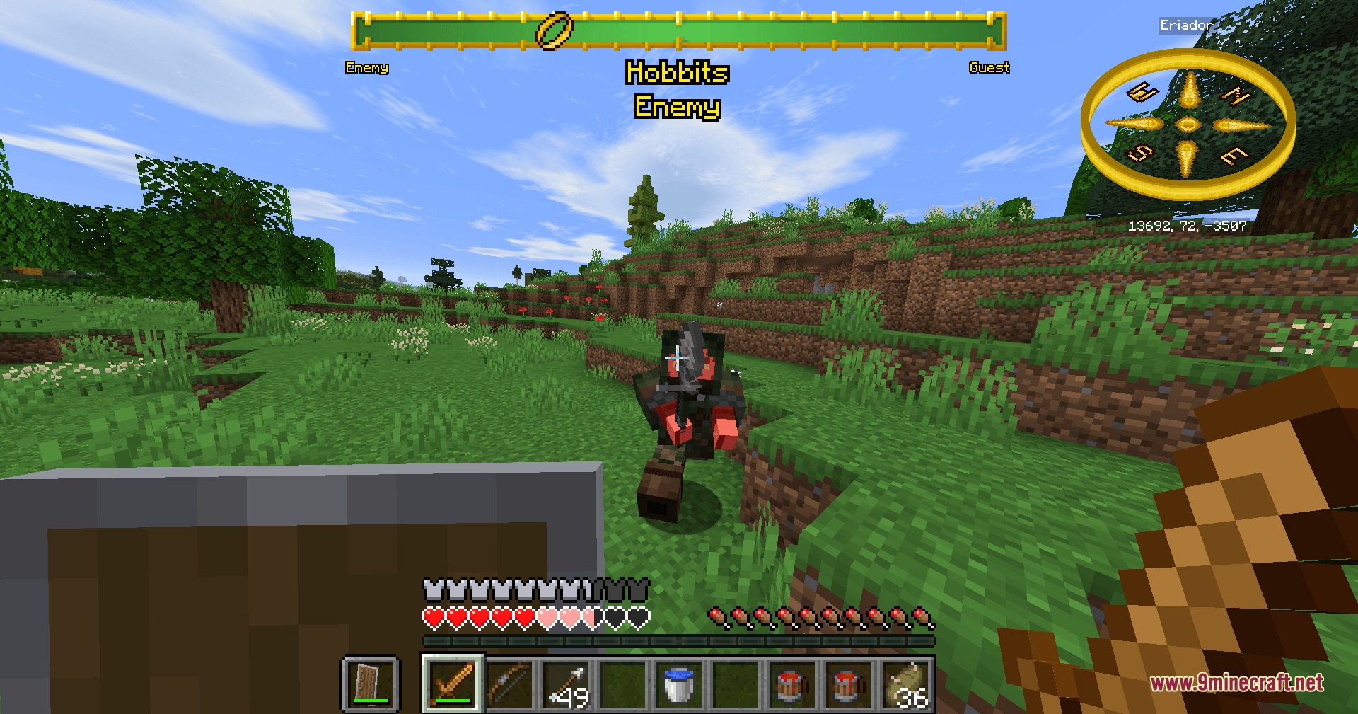 Lord of the Rings Renewed Extended Mod Screenshot 1 Player fighting an enemy mob with a custom golden ring health bar