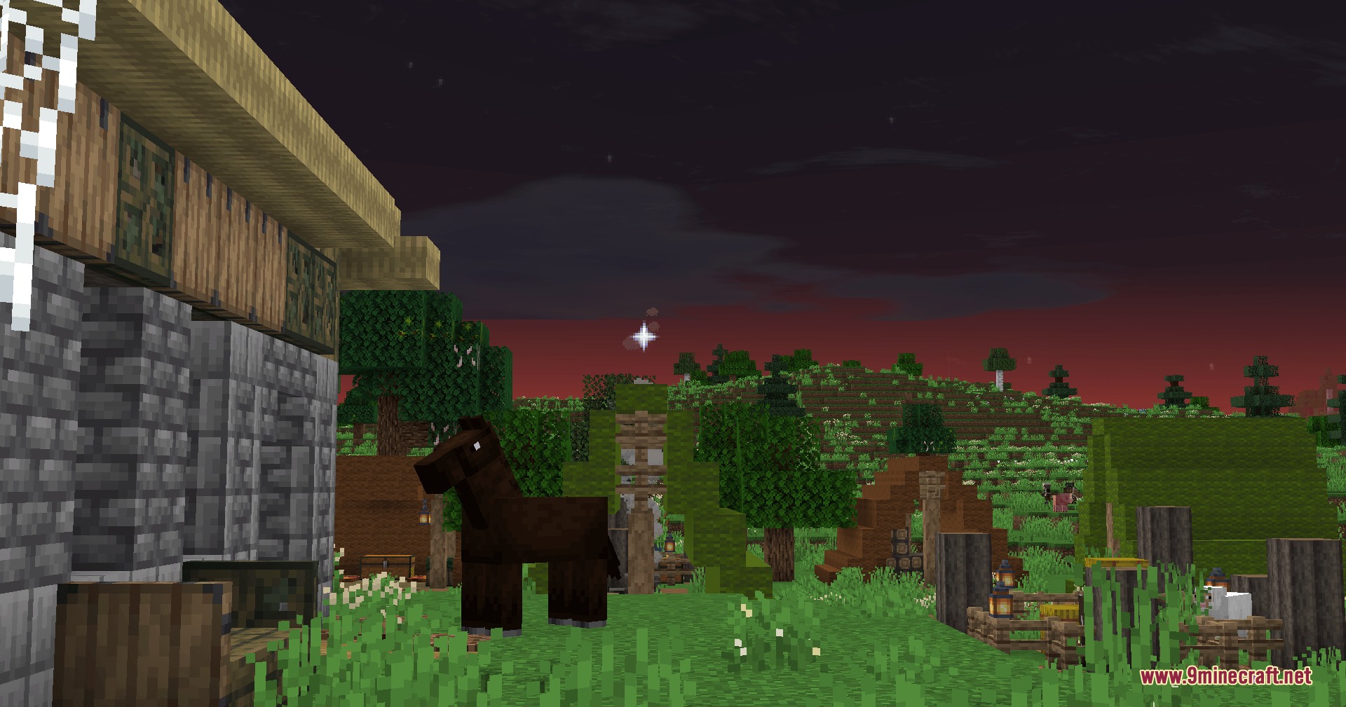 Lord of the Rings Renewed Extended Mod Screenshot 2 A dark horse stands near village buildings under a red evening sky