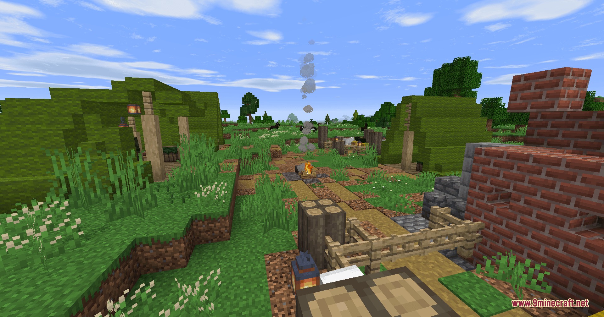 Lord of the Rings Renewed Extended Mod Screenshot 4 Small campsite with green wool tents and a campfire along a dirt path