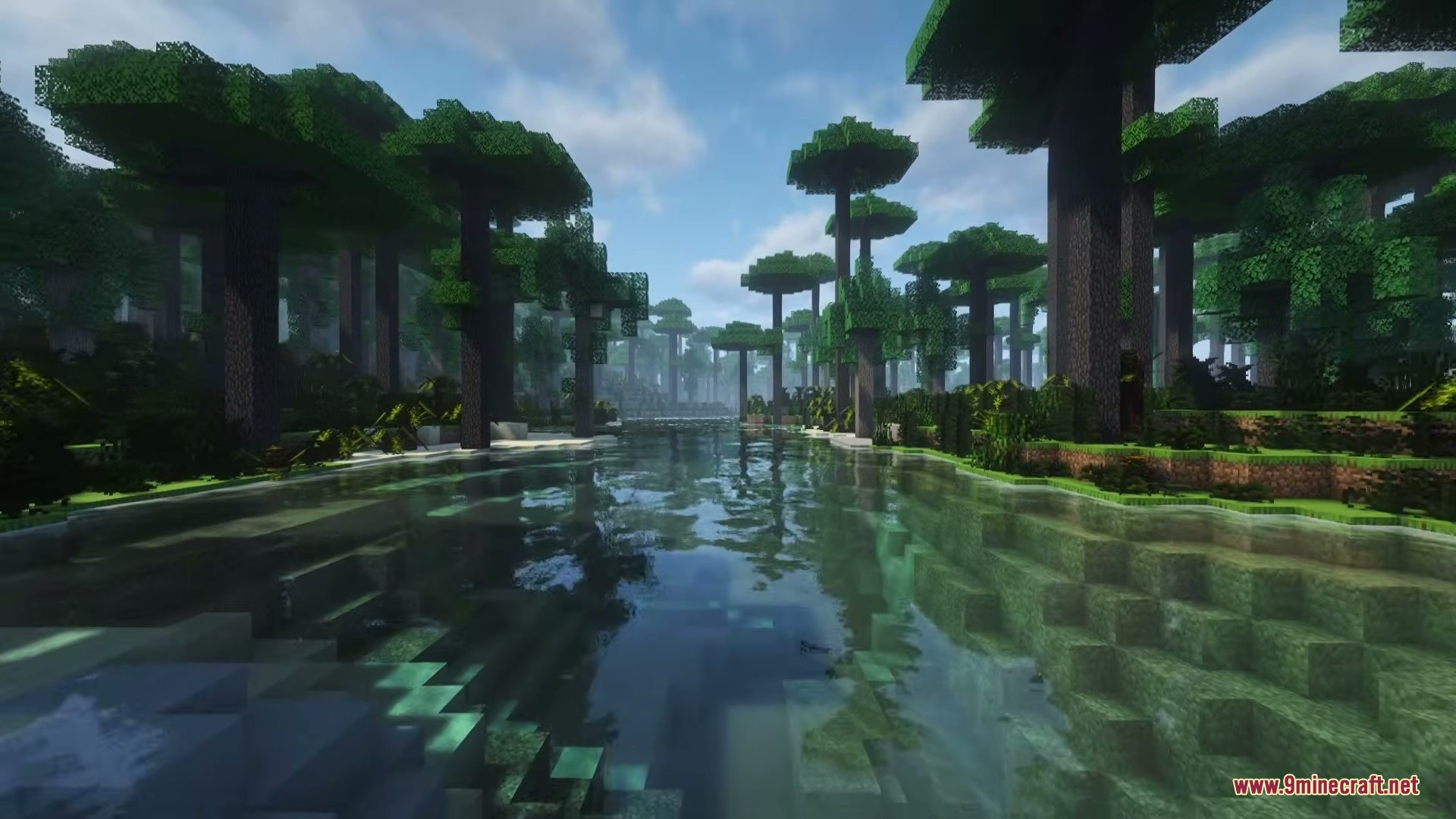 Lush prehistoric jungle landscape with a calm river and towering green trees