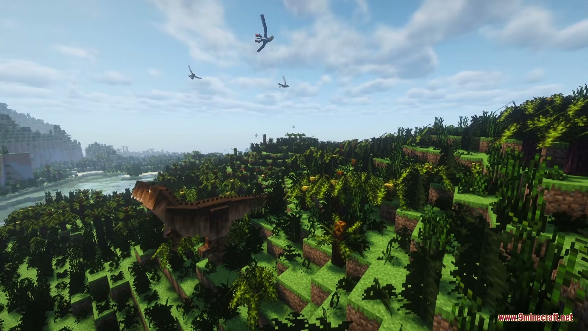 A massive dinosaur stands in a lush jungle with pterosaurs in the sky