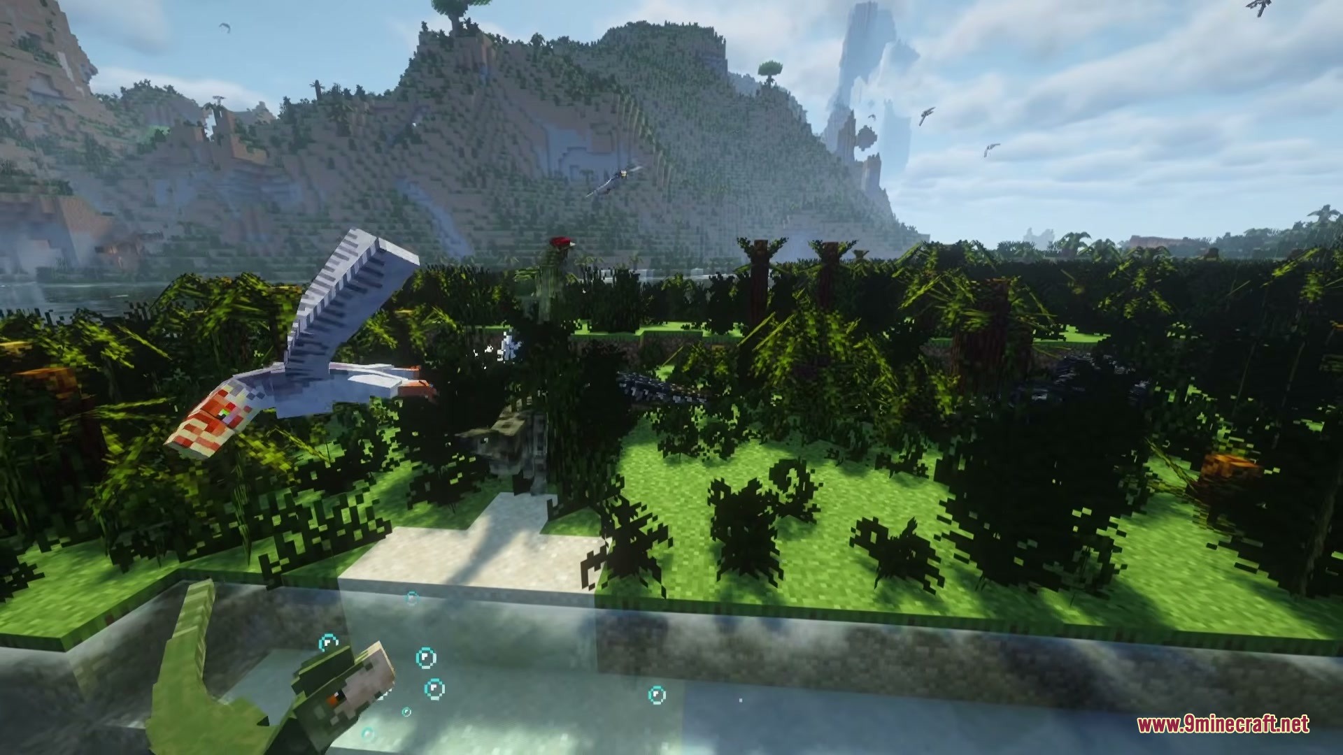 A flying pterosaur soars over a river with aquatic creatures swimming below
