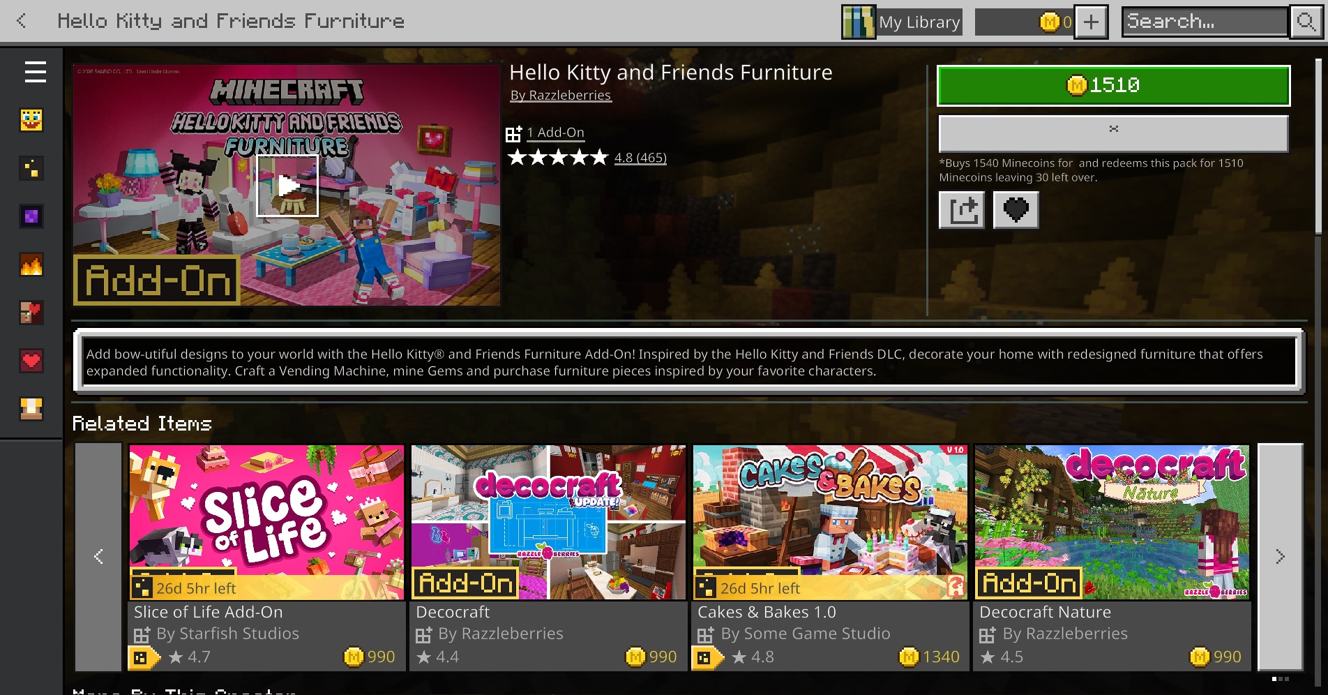 Lucky Block Race V1.8 Map Screenshot 3 Minecraft Marketplace page showing the Hello Kitty and Friends Furniture addon