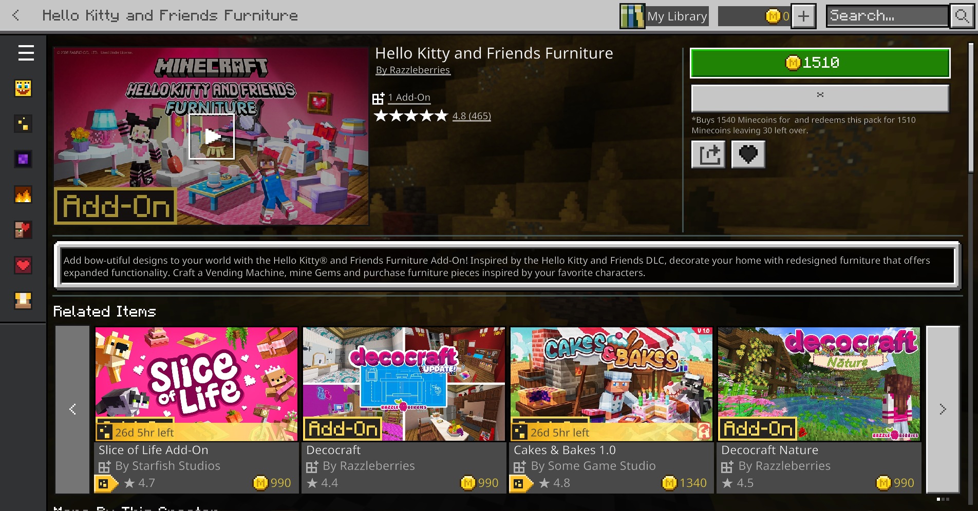 Lucky Block Race V1.8 Map Screenshot 6 Minecraft Marketplace store page showing the Hello Kitty and Friends Furniture add on