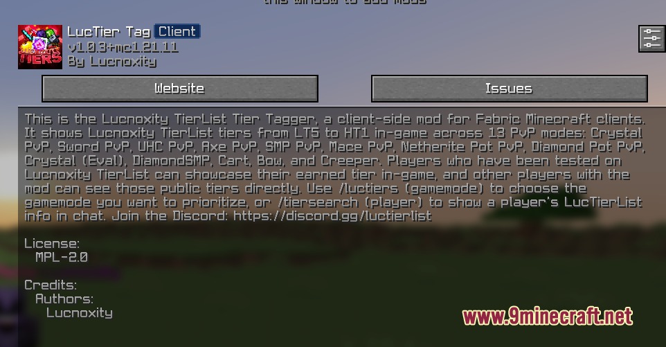 Information screen for the LucTier Tag Client mod showing features and commands