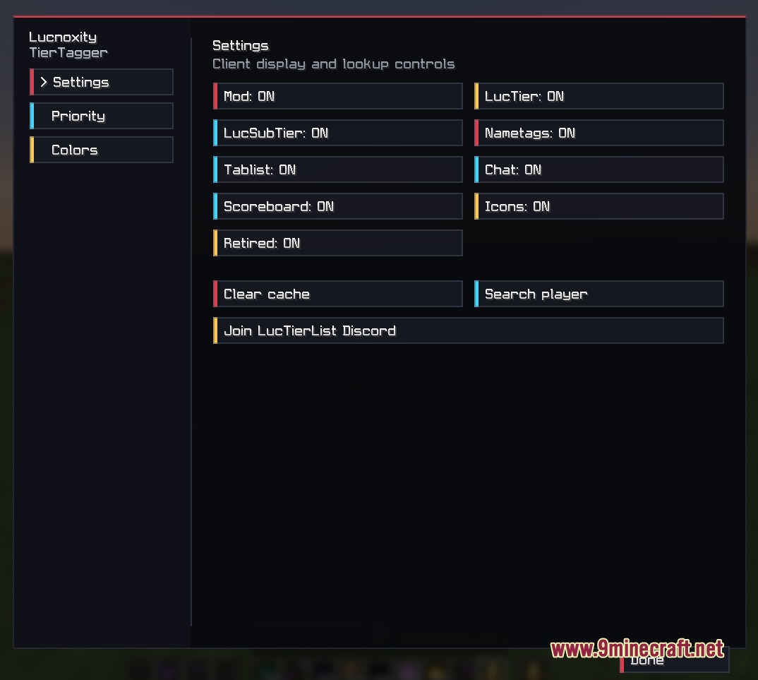 Configuration menu for the mod with various display and lookup control settings