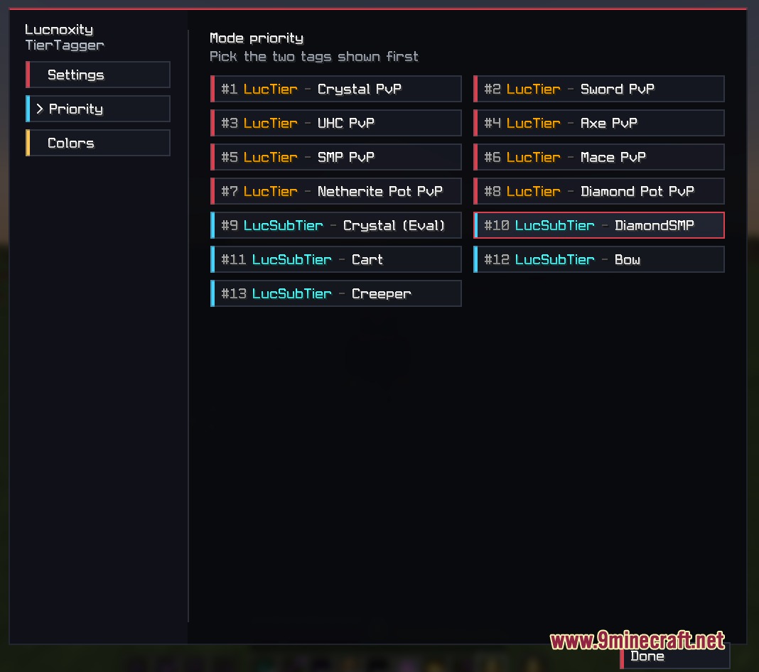 Lucnoxity TierTagger mod menu for selecting priority among different PvP combat modes