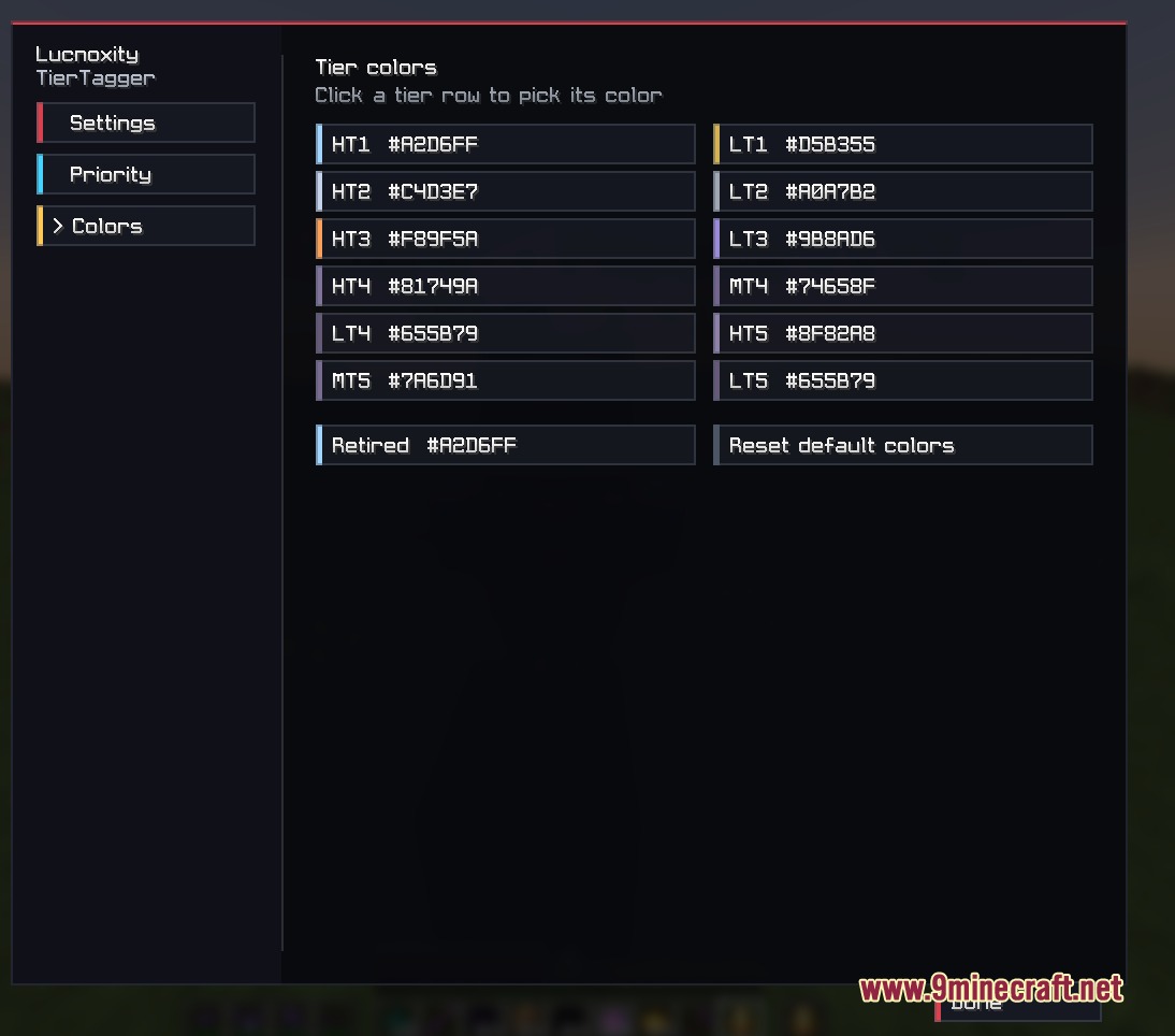 Menu screen for customizing the colors of different player combat skill tiers