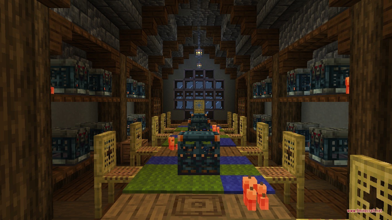 Luki's Woodland Mansions Data Pack Screenshot 10 A dining hall with trial spawners on the table and bamboo chairs