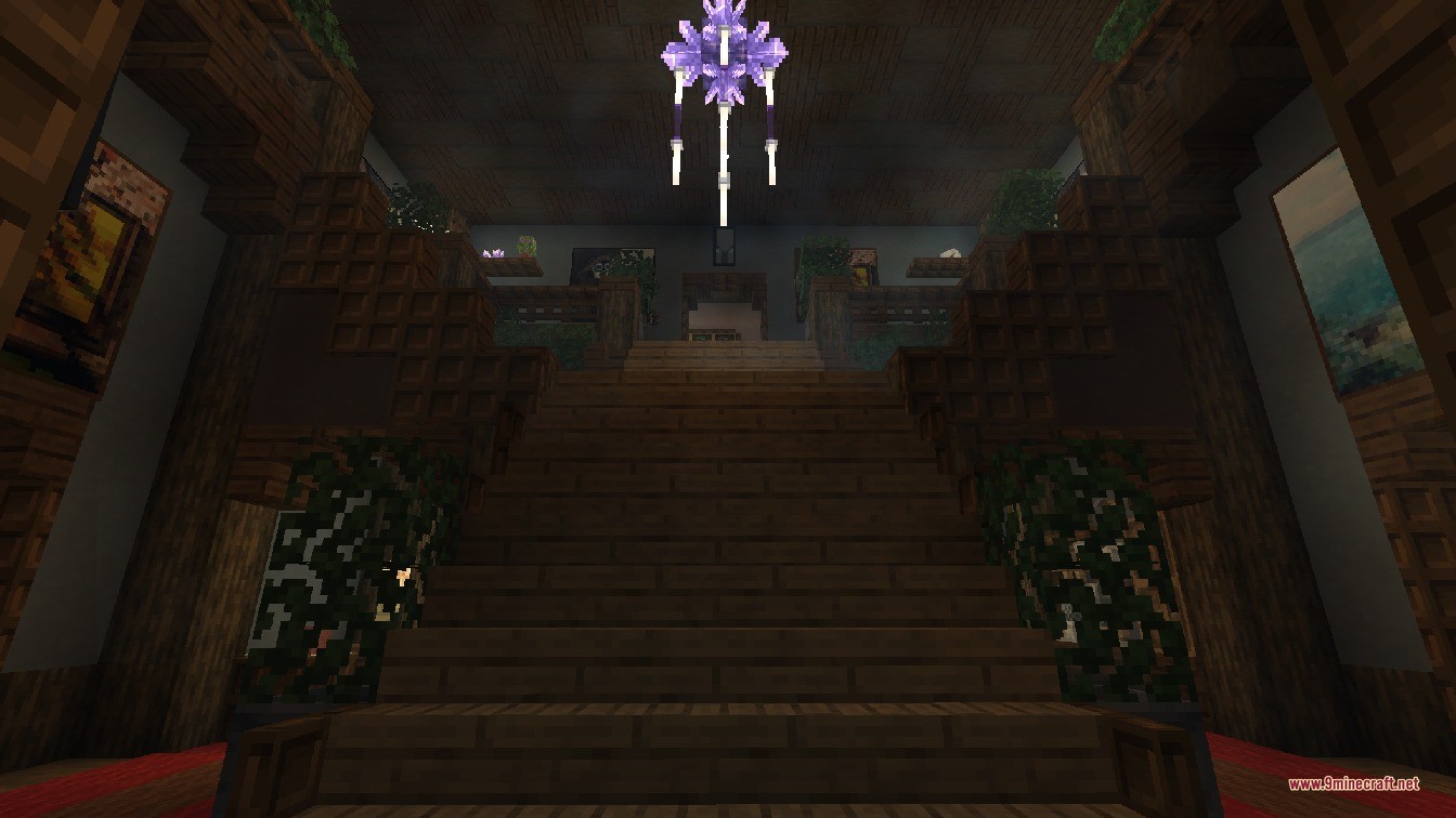 Luki's Woodland Mansions Data Pack Screenshot 3 Grand wooden staircase with a purple crystal chandelier in Luki Woodland Mansions