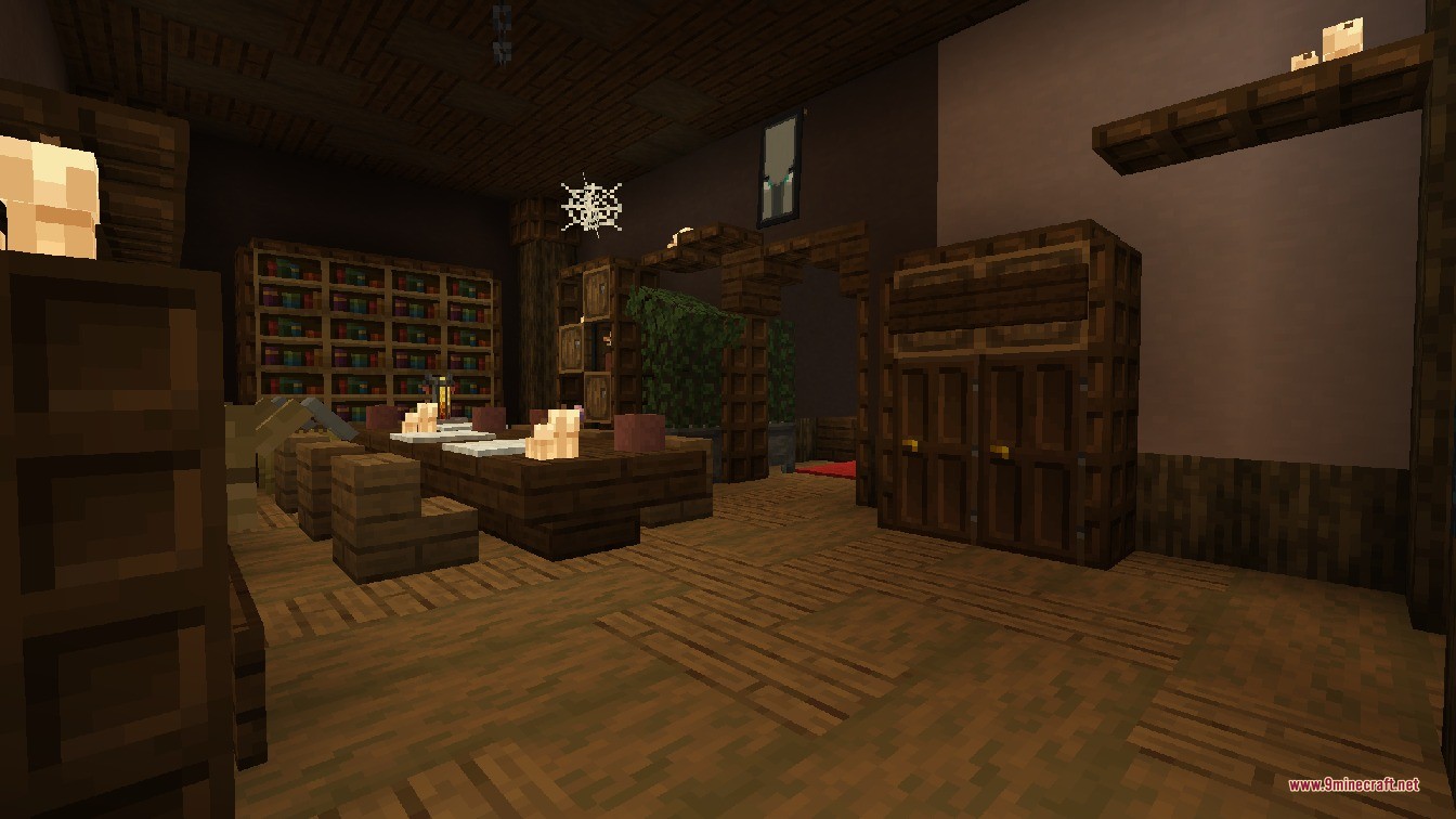 Luki's Woodland Mansions Data Pack Screenshot 4 A detailed library room featuring a long wooden table and many bookshelves
