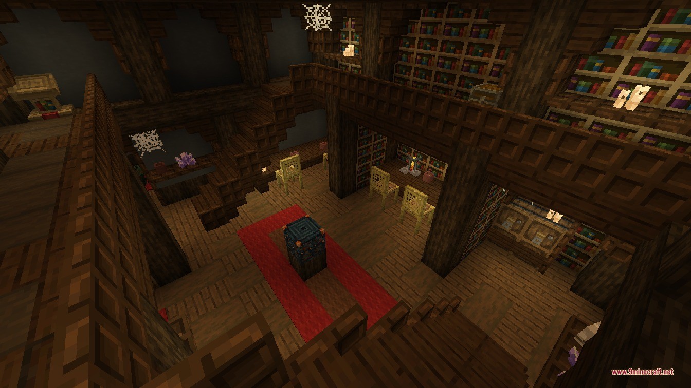 Luki's Woodland Mansions Data Pack Screenshot 5 A spacious library room with dark wood walls and a central pedestal